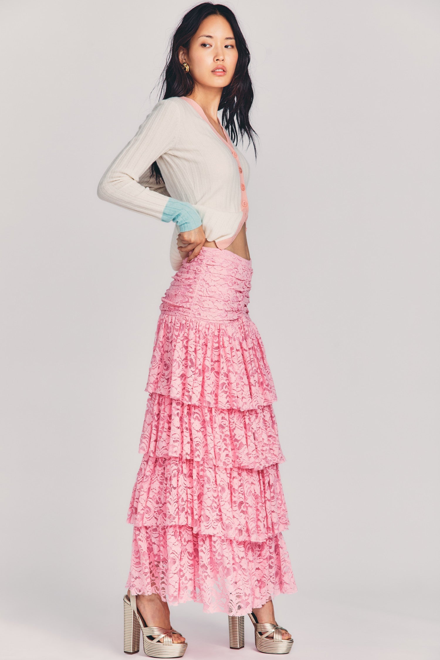 Women's pink maxi skirt with all-over tiered custom floral lace