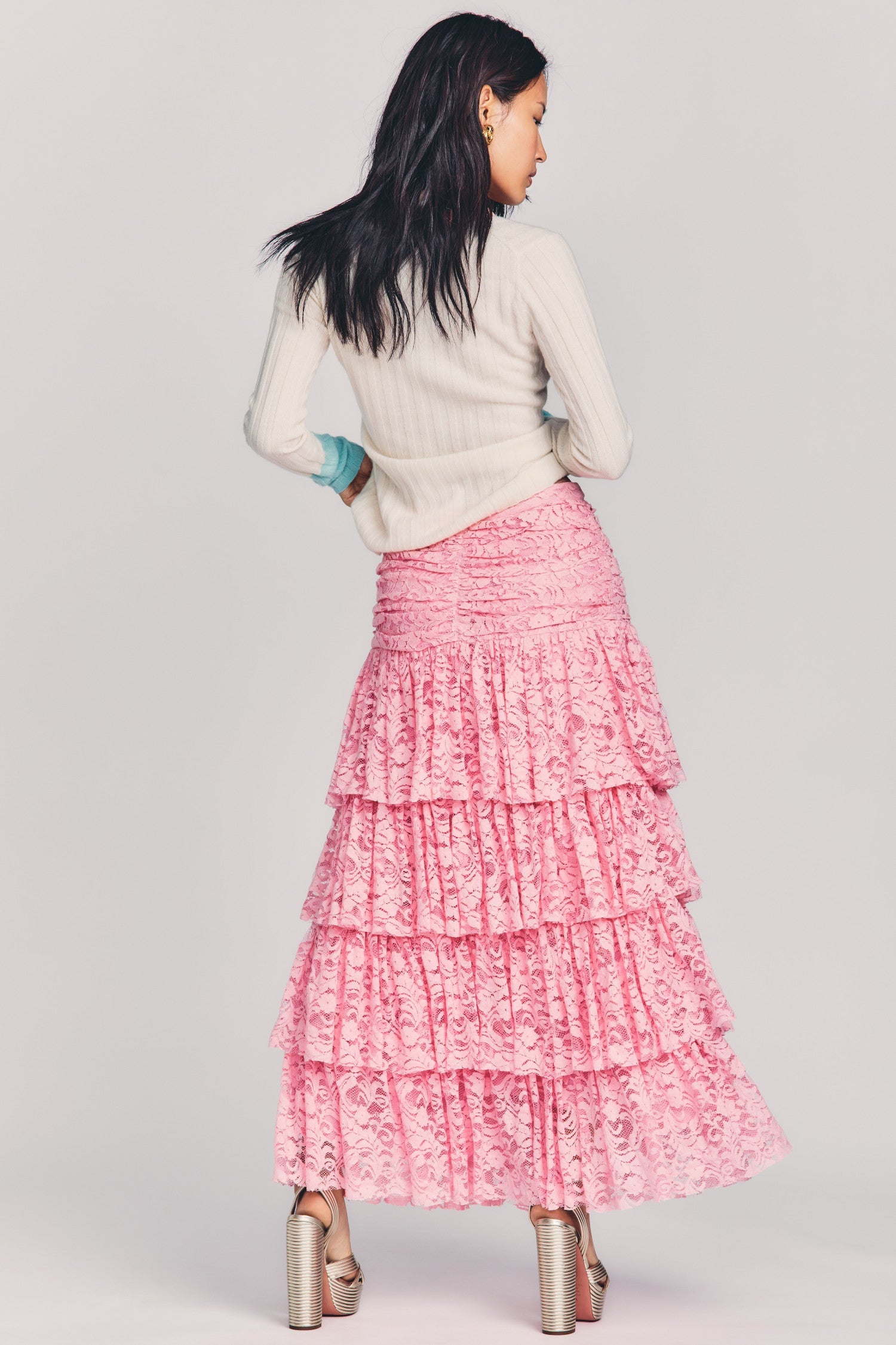 Women's pink maxi skirt with all-over tiered custom floral lace