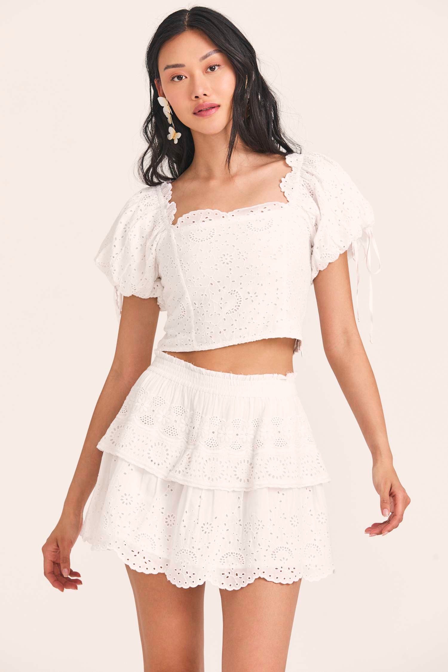 Women's white eyelet-embroidered puff sleeve top