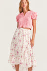 Womens magenta floral midi skirt with lace inset detail