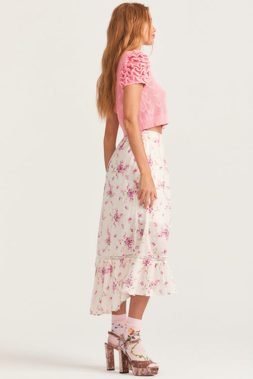 Womens magenta floral midi skirt with lace inset detail