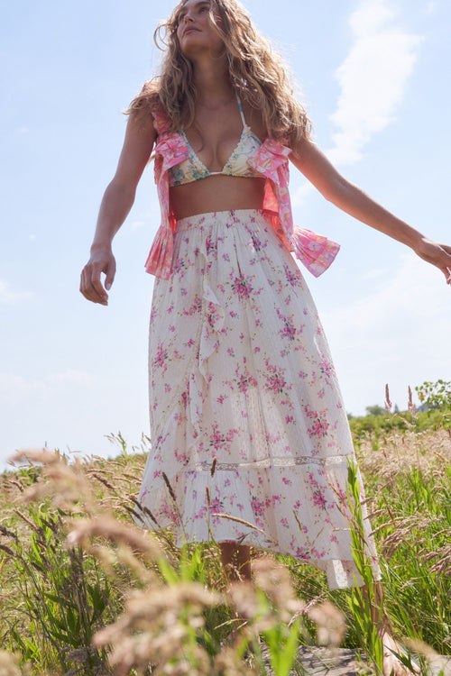 Womens magenta floral midi skirt with lace inset detail