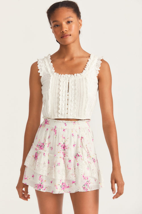 Womens ruffle mini skirt with magenta floral print and lace detail