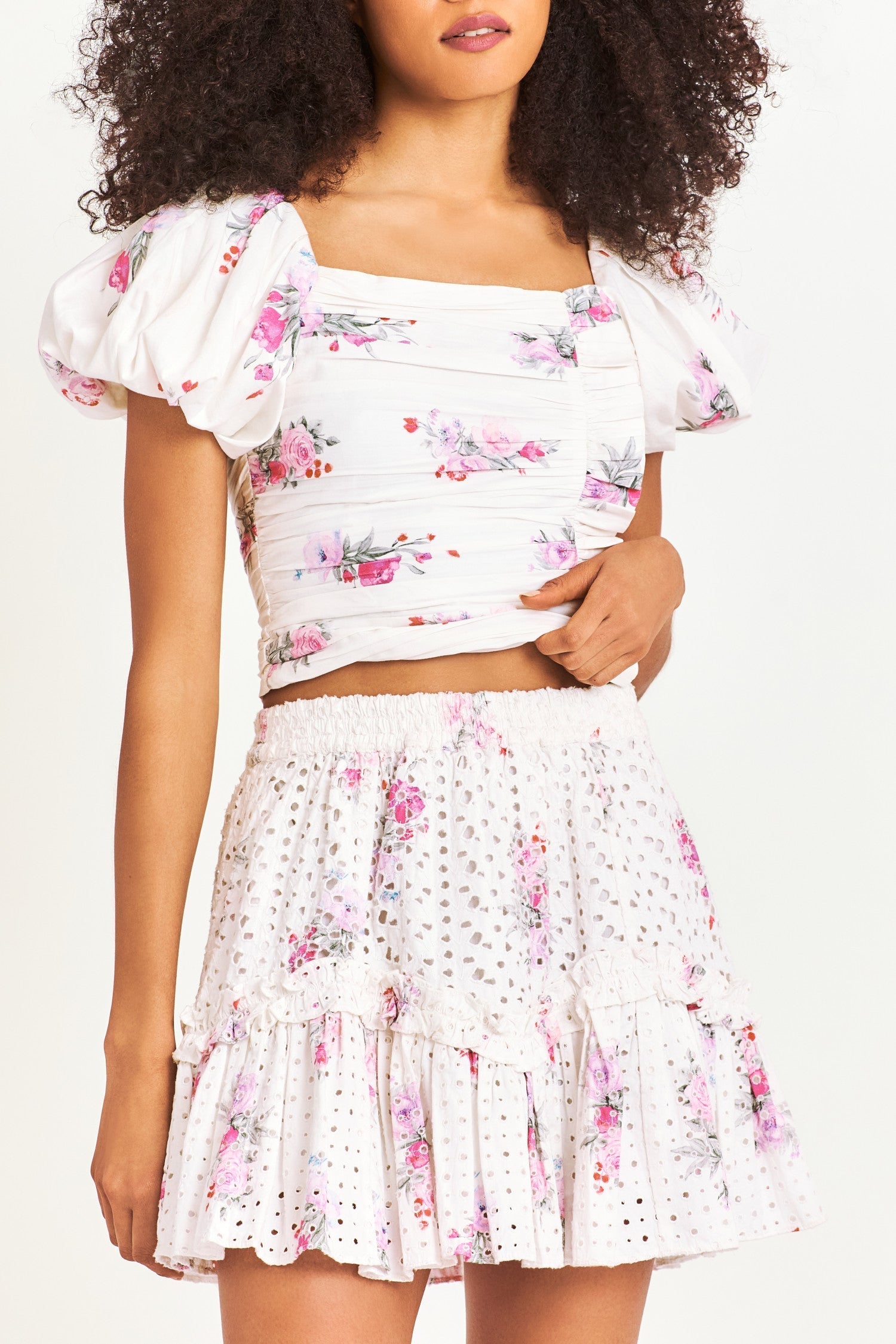 White floral skirt with printed eyelet cotton