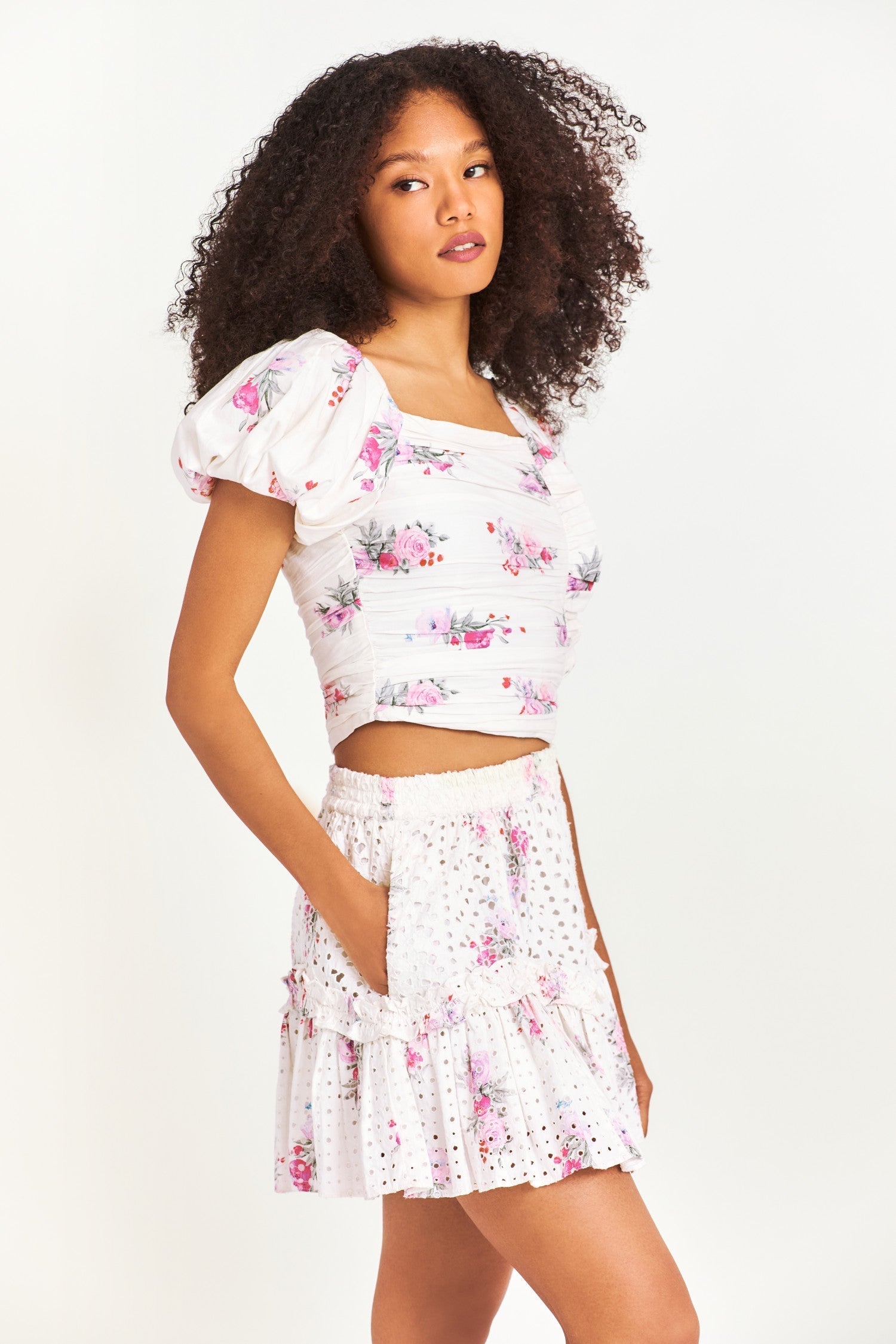 White floral skirt with printed eyelet cotton