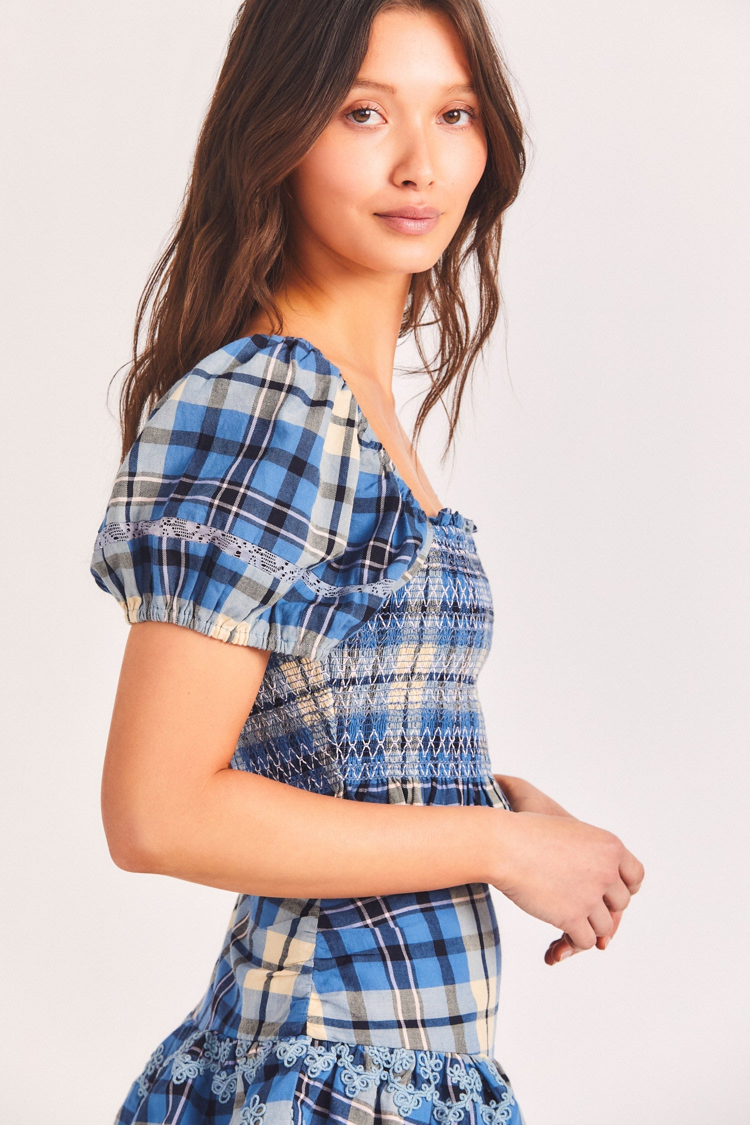 Women's blue plaid print smocked crop top with puffed sleeves