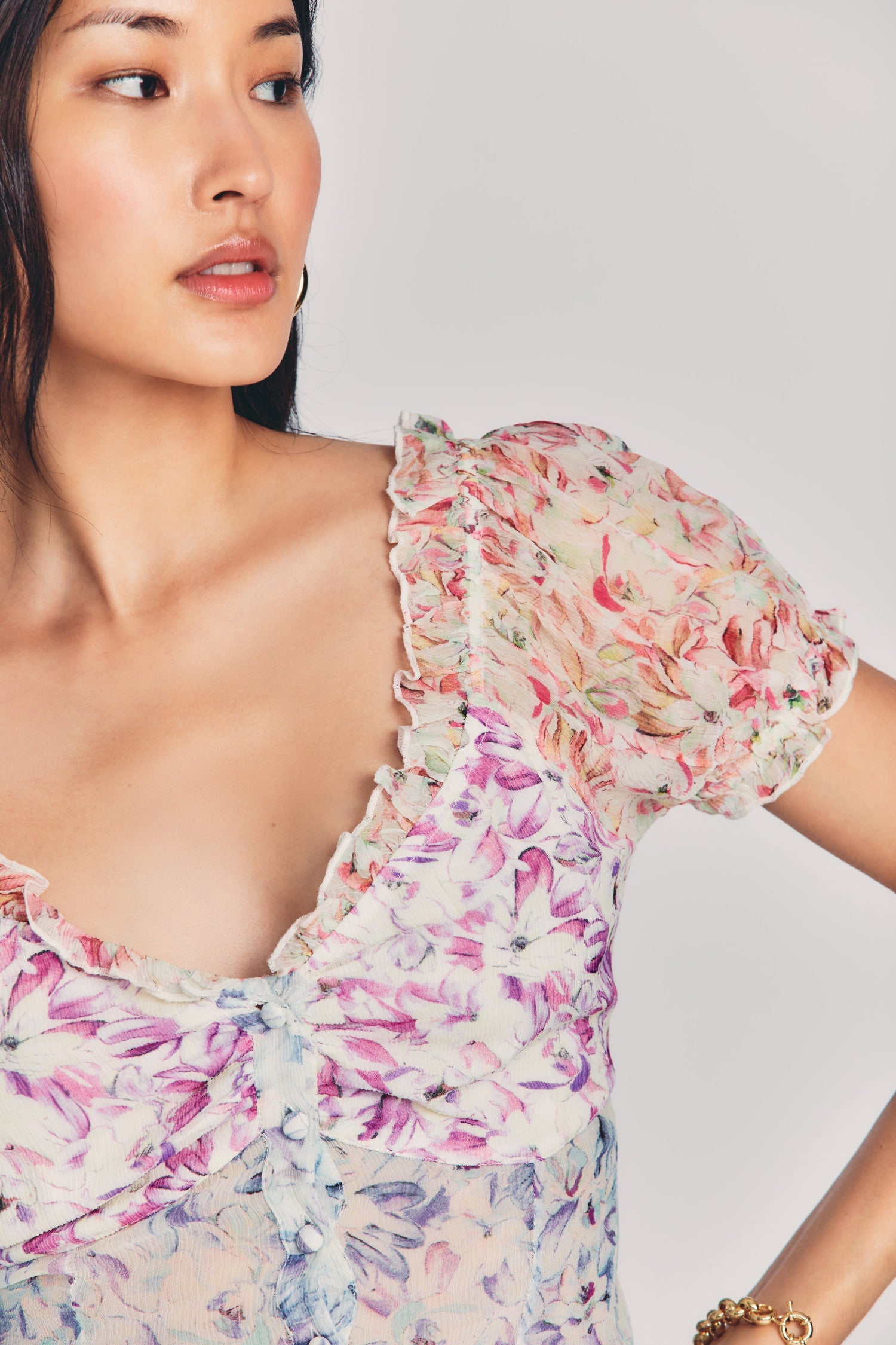 Womens scoop neck silk top with ruffled sleeves in custom-painted floral print