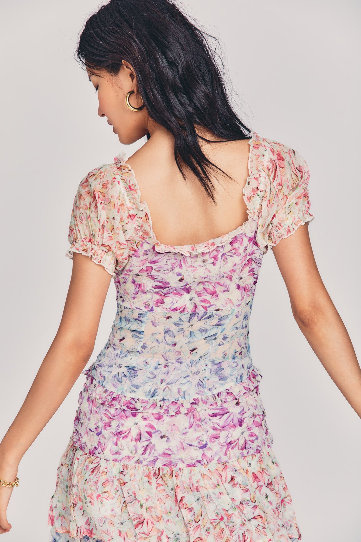 Womens scoop neck silk top with ruffled sleeves in custom-painted floral print