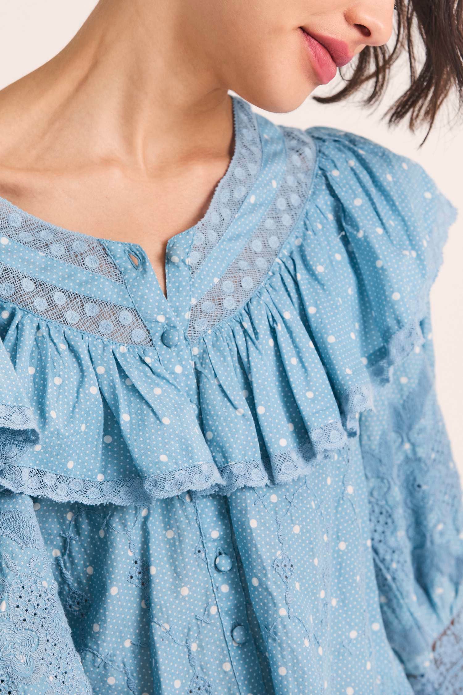 Women's blue cotton voile button front blouse