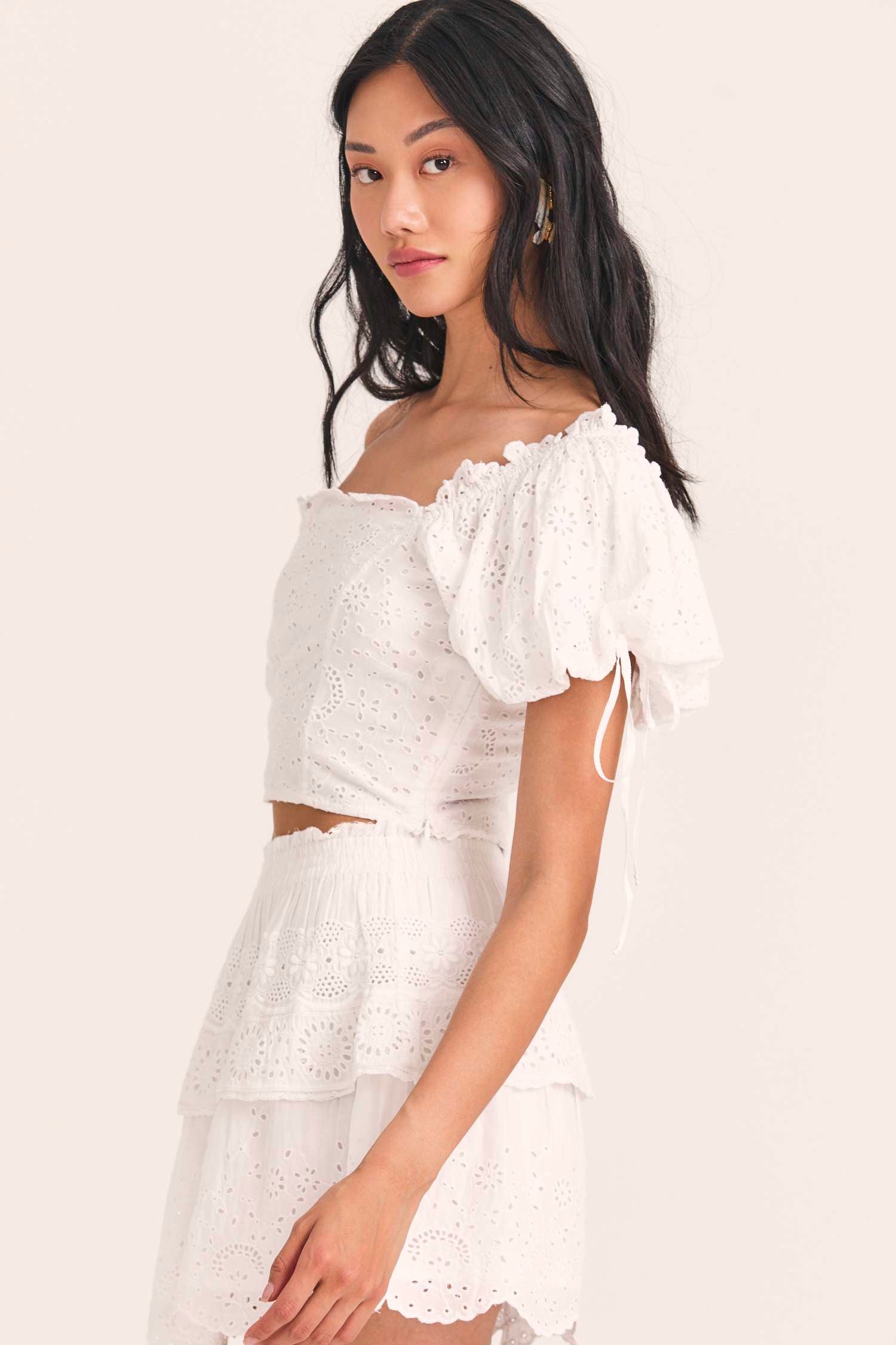 Women's white eyelet-embroidered puff sleeve top