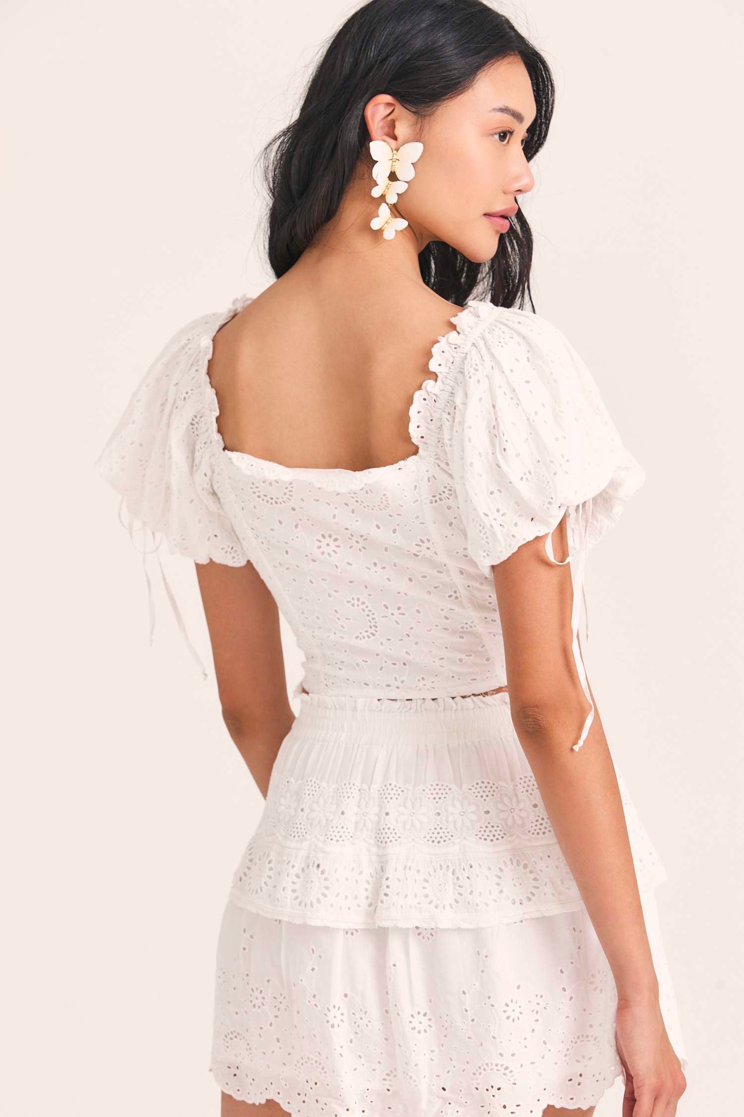 Women's white eyelet-embroidered puff sleeve top