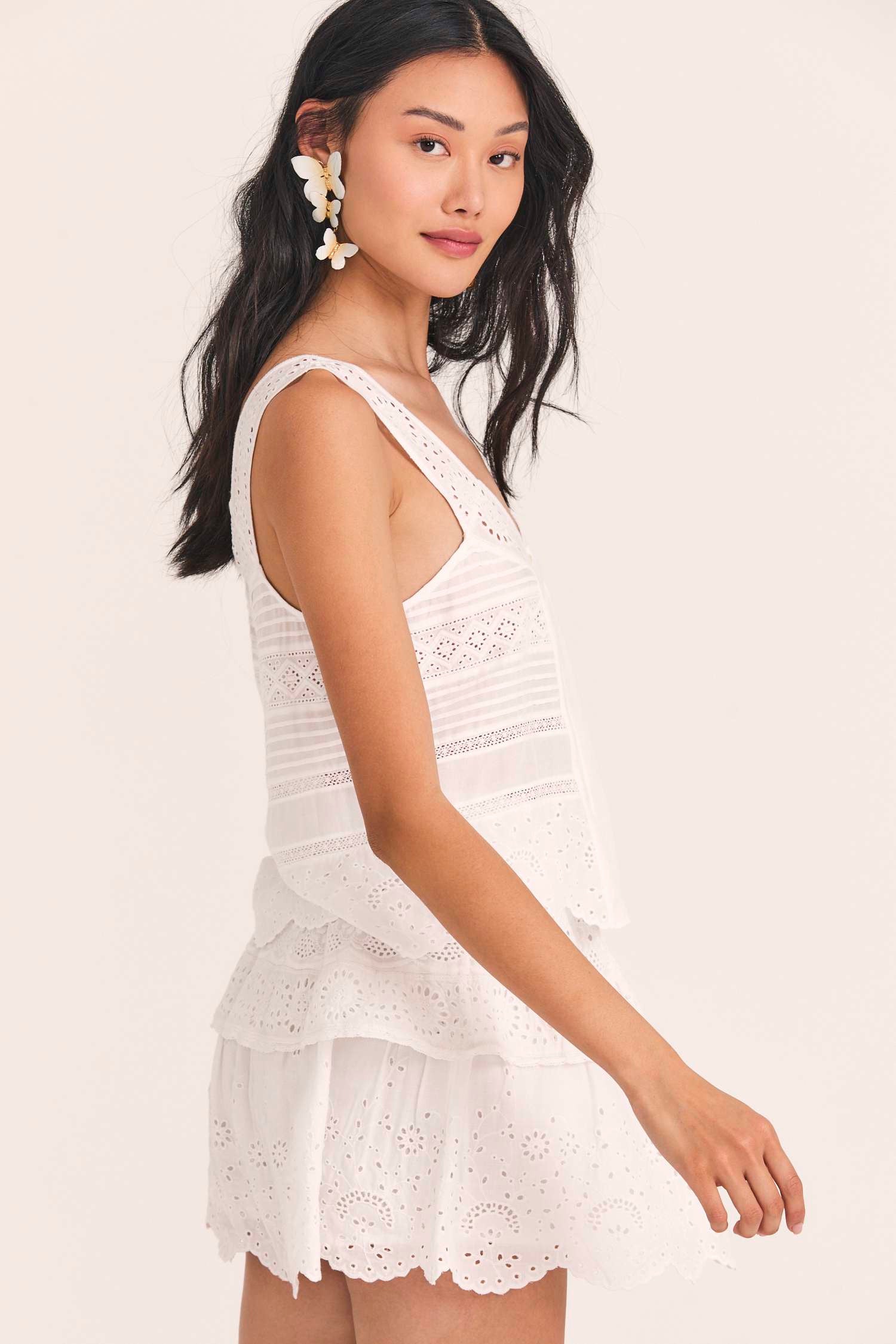 Womens white wide strapped tank with embroidery and lace details