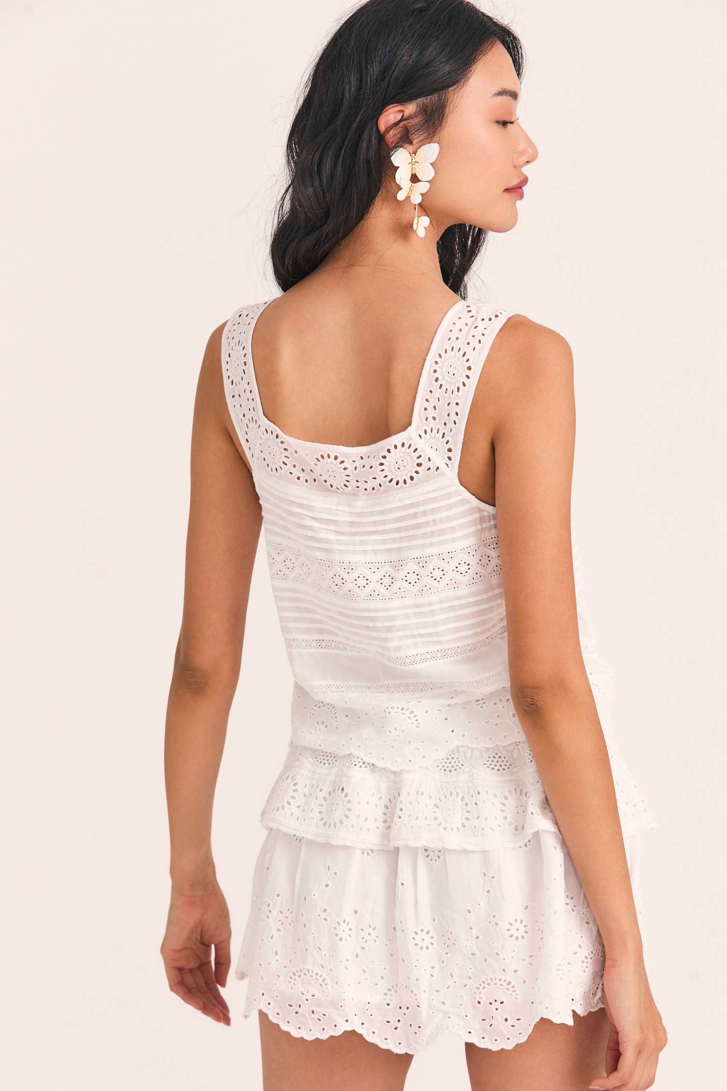 Womens white wide strapped tank with embroidery and lace details