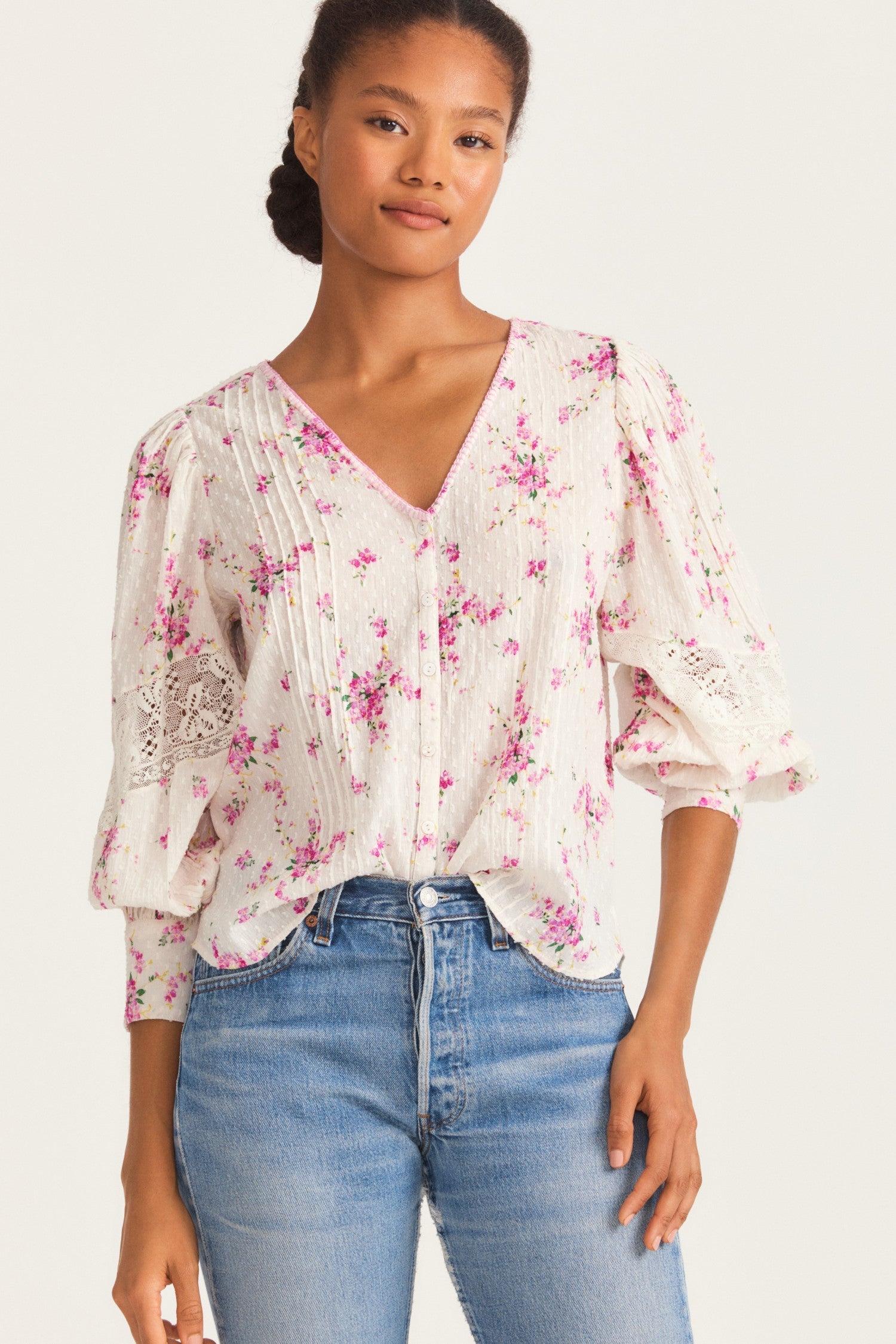 Womens long sleeve magenta floral blouse with lace inset details