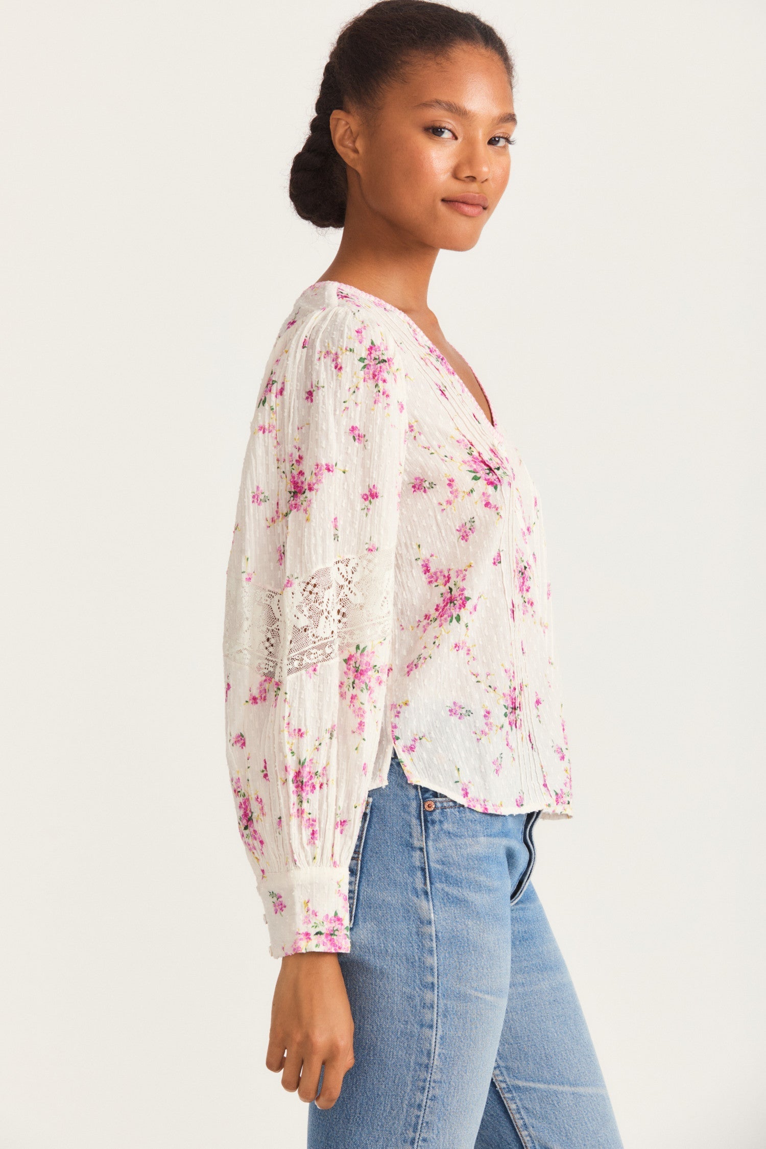 Womens long sleeve magenta floral blouse with lace inset details