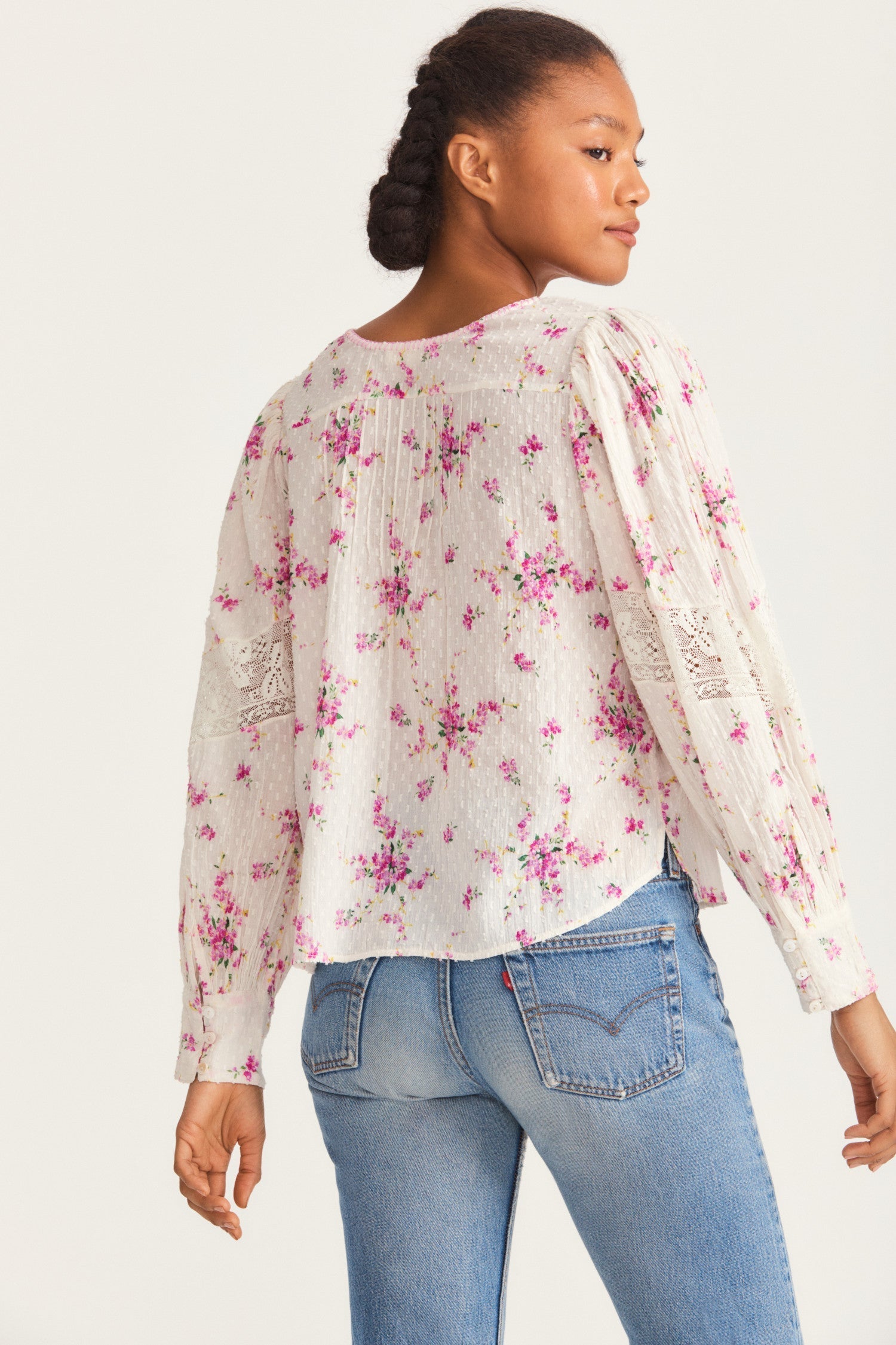 Womens long sleeve magenta floral blouse with lace inset details