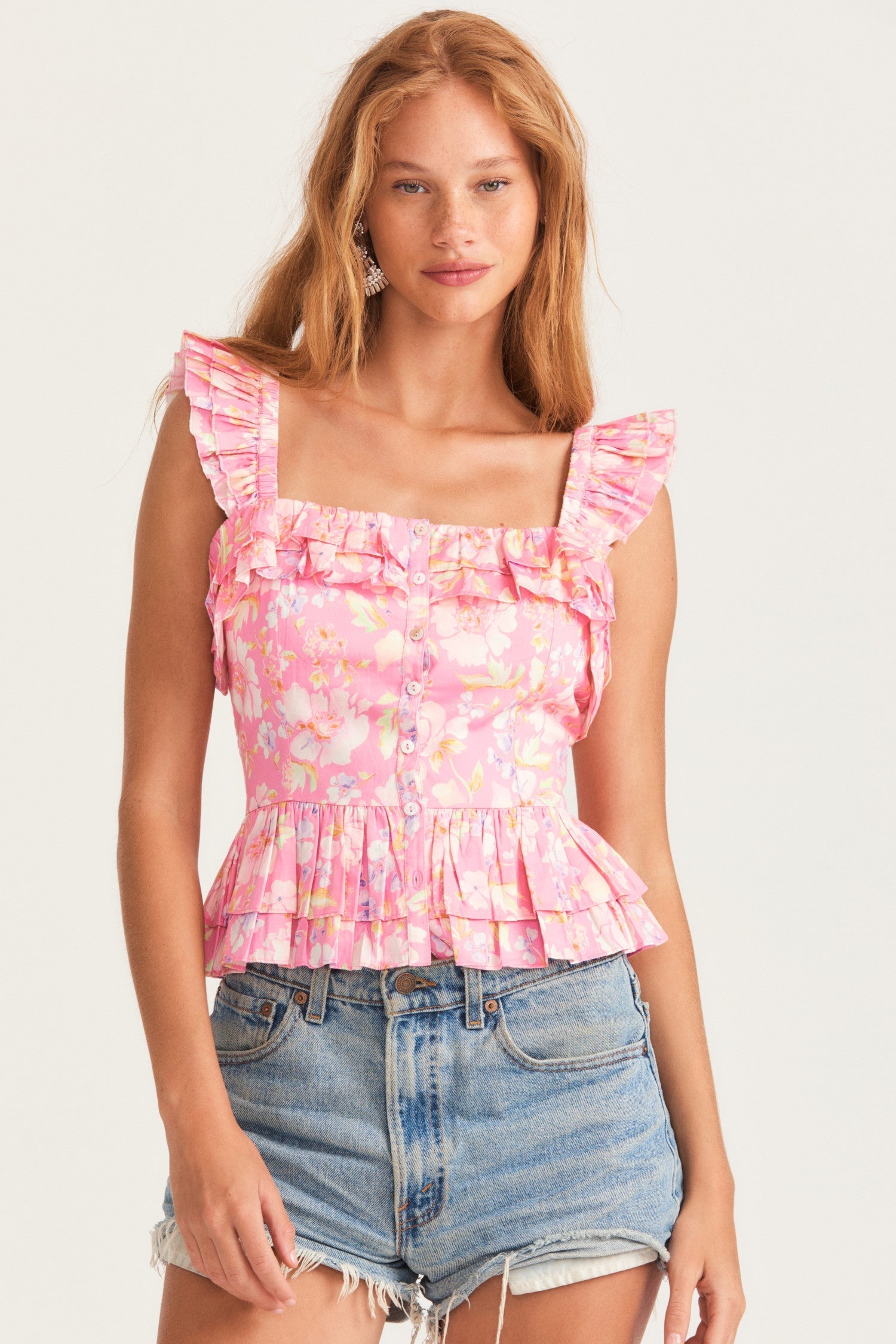 Womens pink ruffle tank top with ruffle trim and ruffle straps