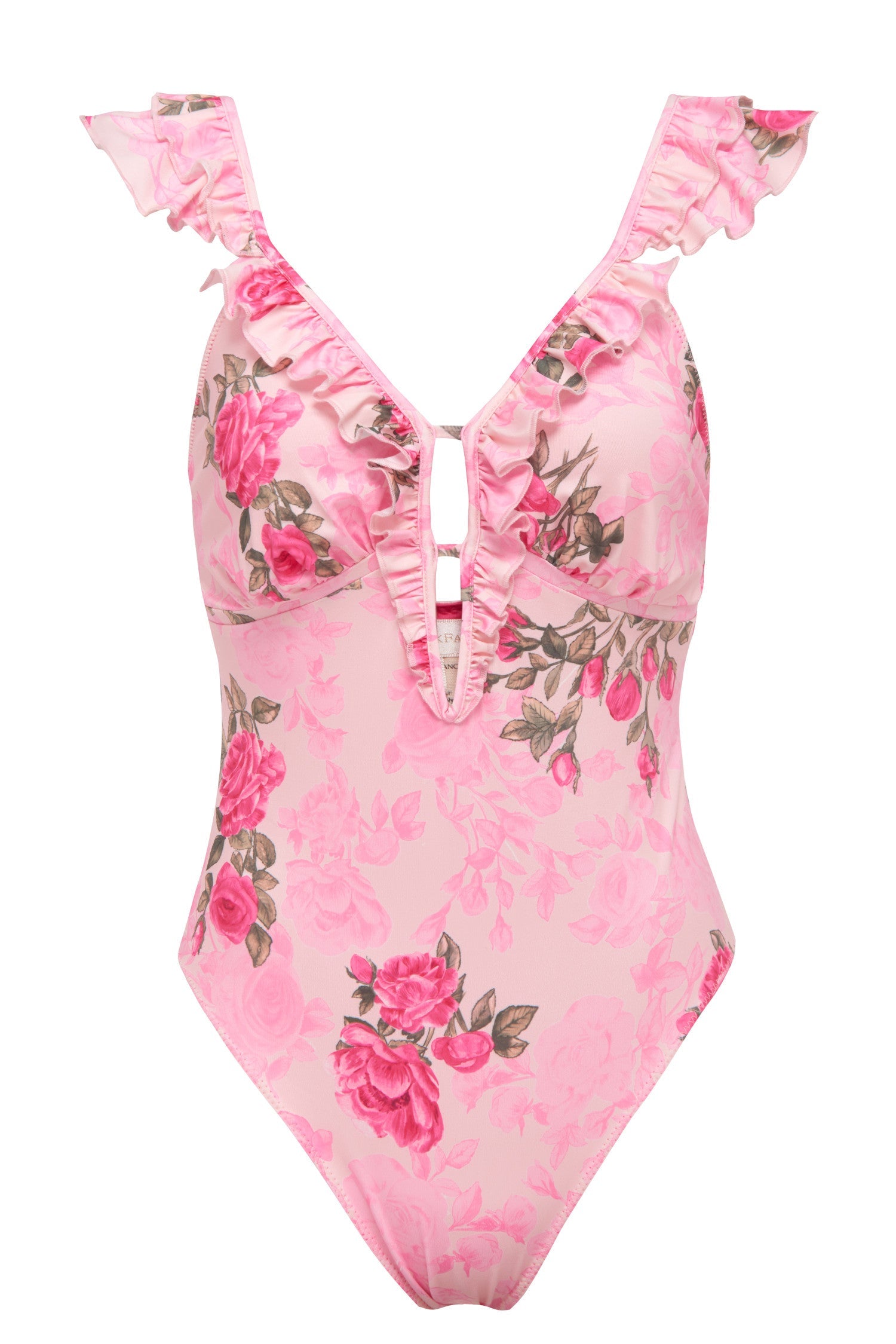 Pink floral ruffle one piece with keyhole center.