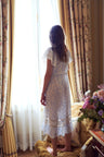 Womens light blue faded floral print midi dress with embroidery and lace detailing and ruffle sleeves