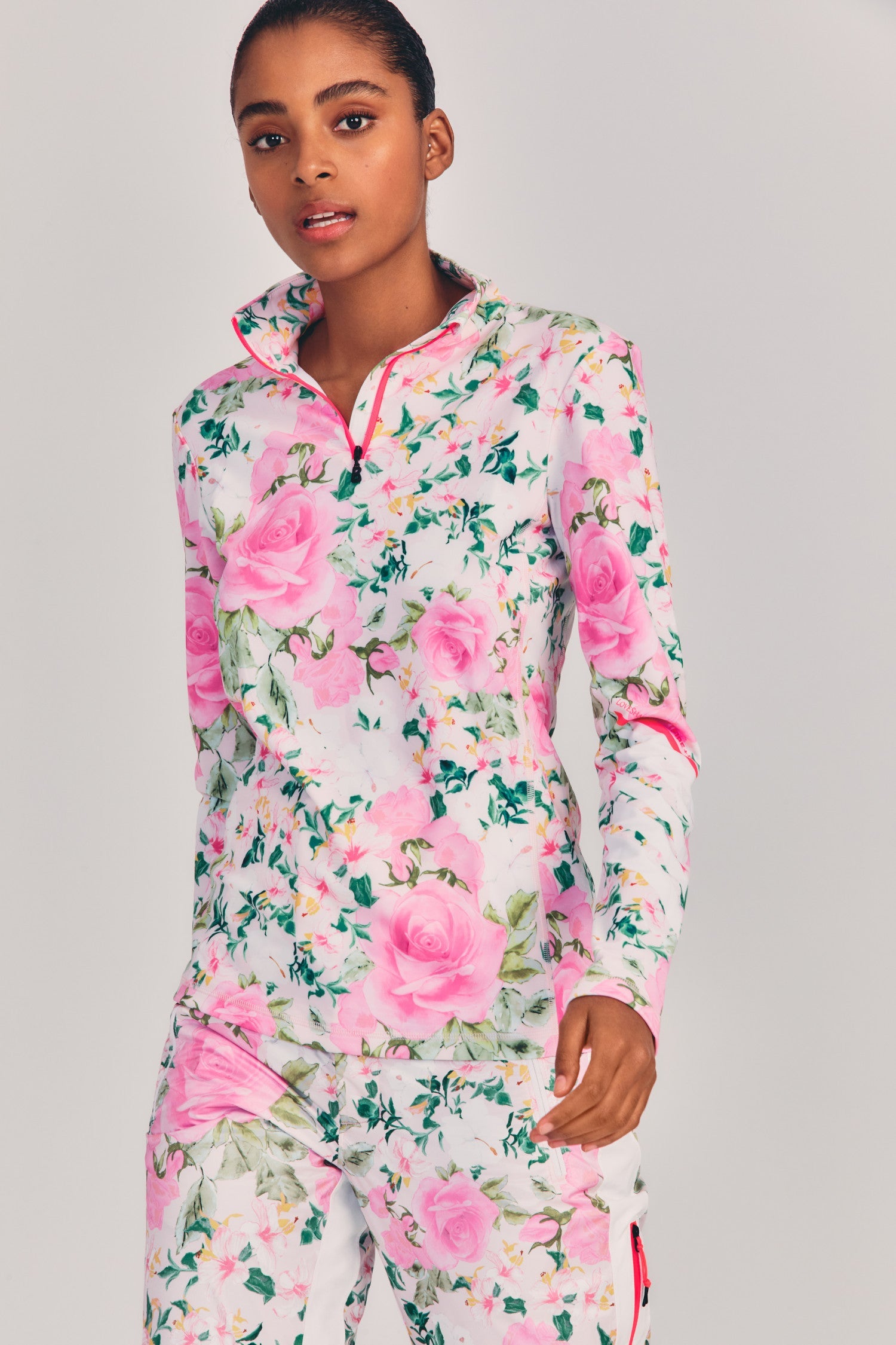 Womens pink floral long sleeve quarter zip ski shirt