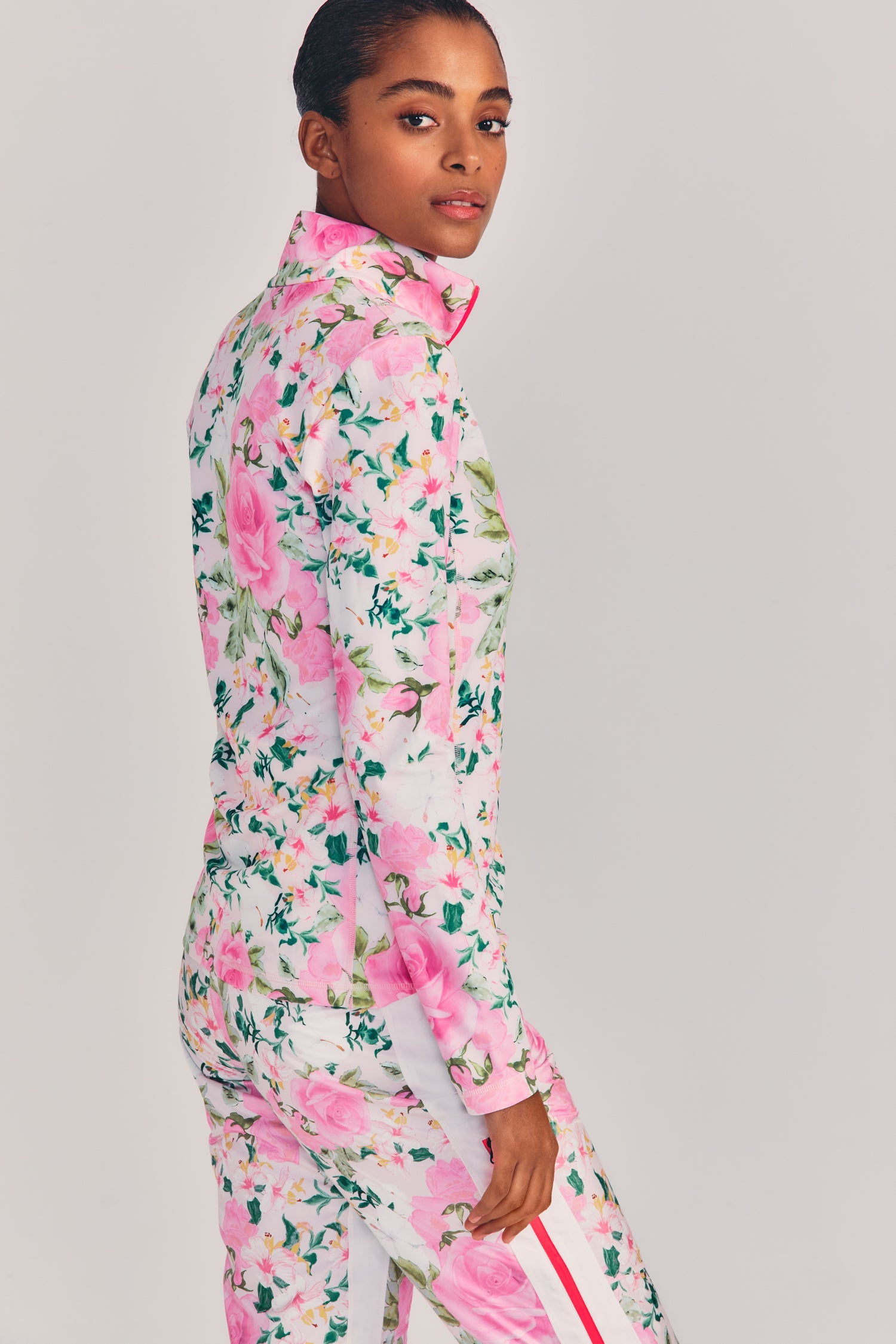 Womens pink floral long sleeve quarter zip ski shirt