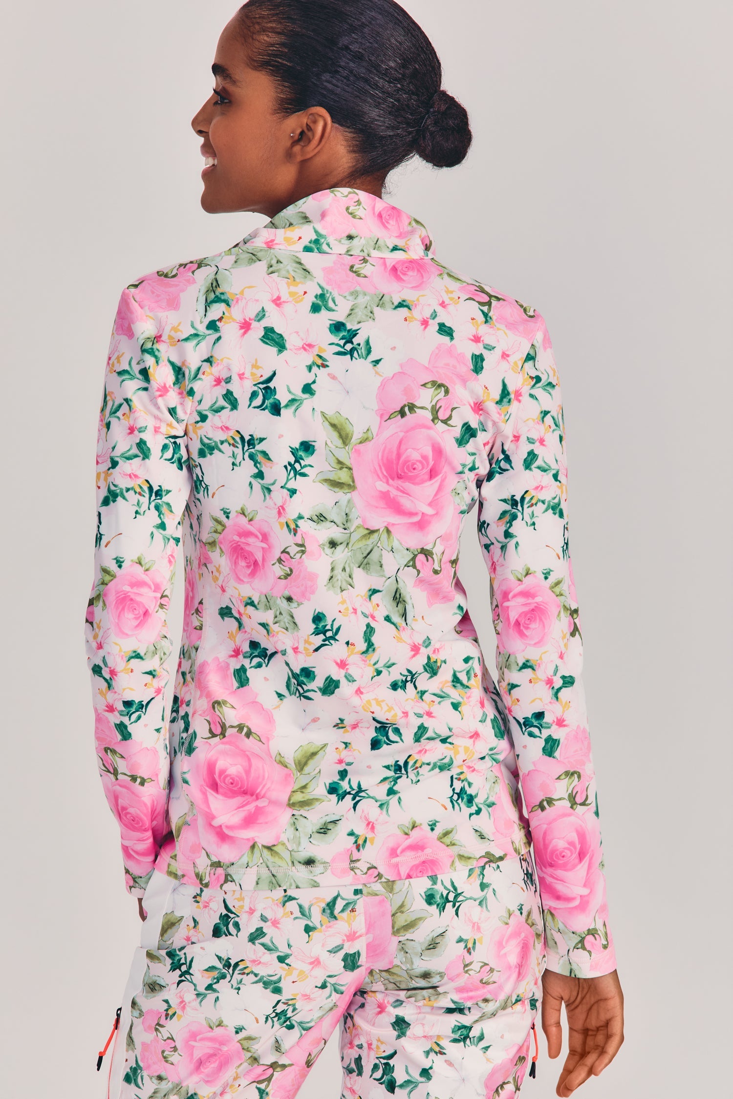 Womens pink floral long sleeve quarter zip ski shirt