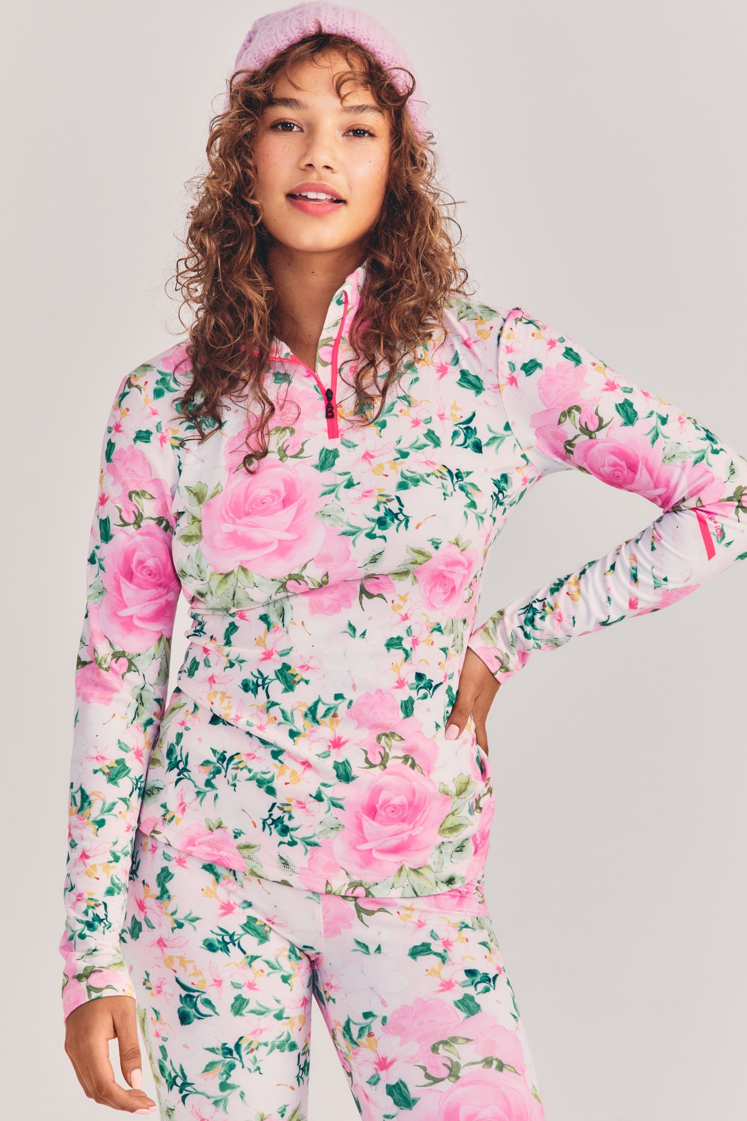 Womens pink floral long sleeve quarter zip ski shirt