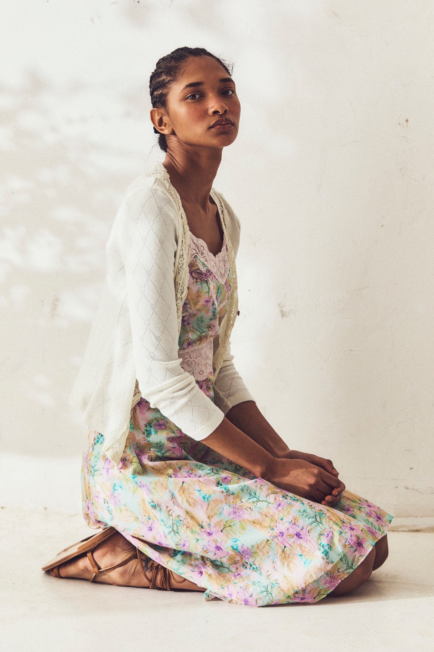 Women's white cardigan with lace neckline