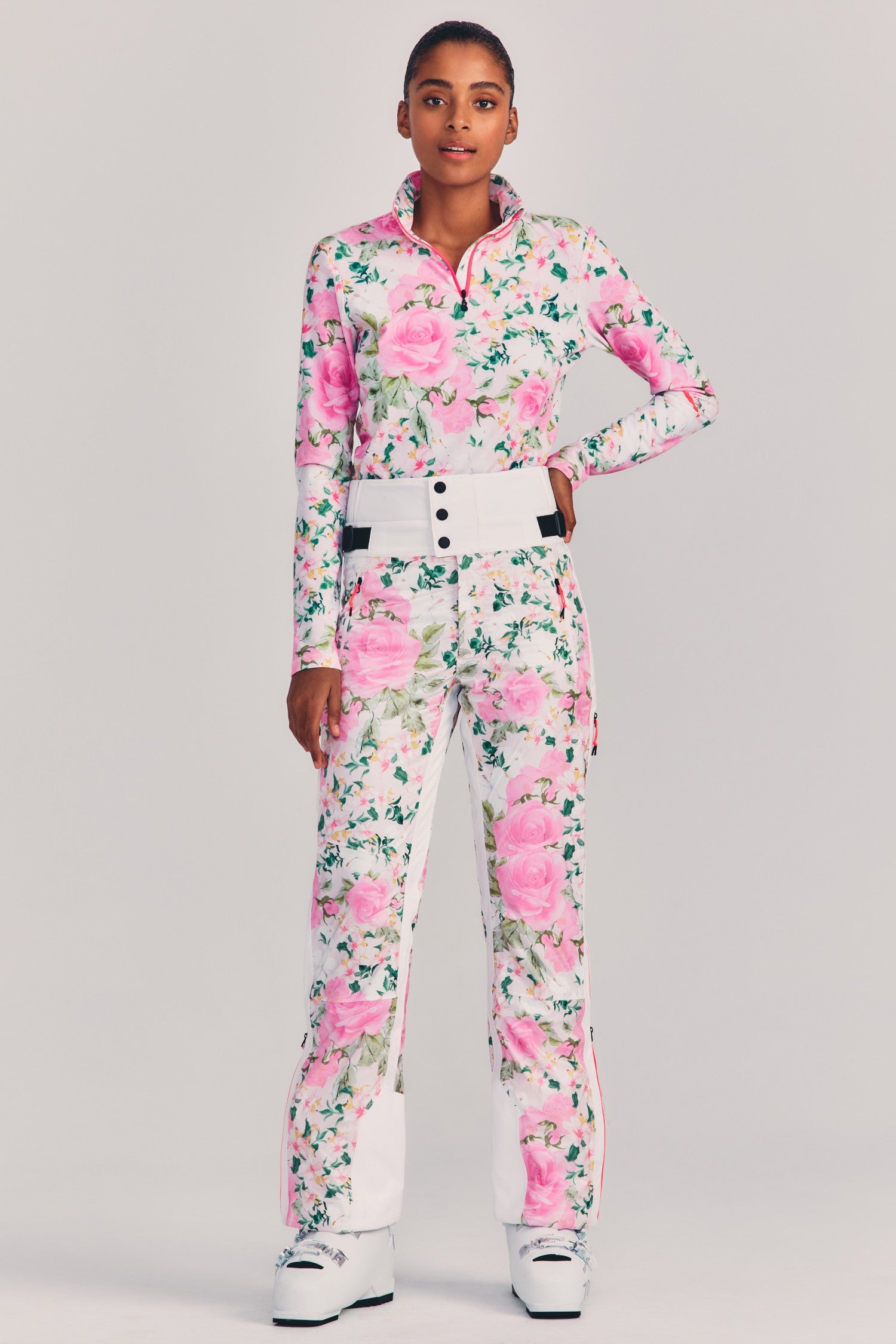 Womens pink floral print high waisted ski pant