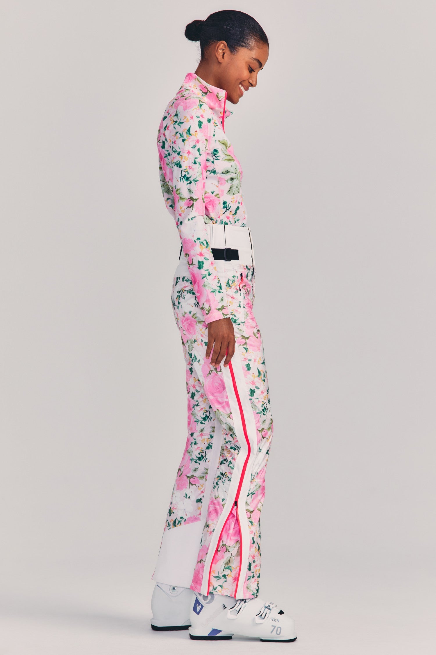 Womens pink floral print high waisted ski pant