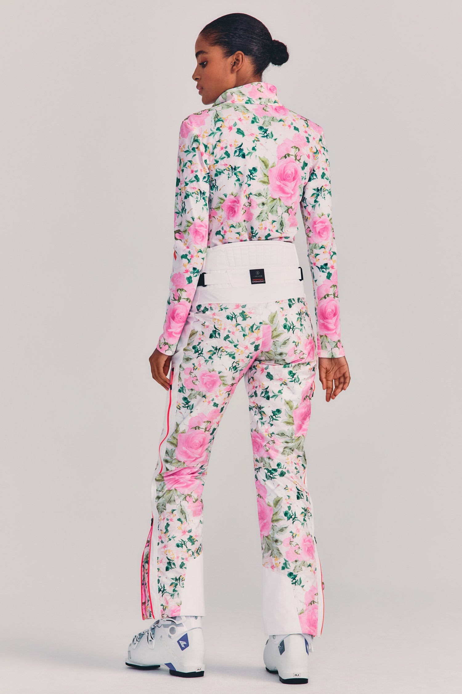 Womens pink floral print high waisted ski pant