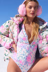 Womens pink floral print oversized ecodown ski jacket