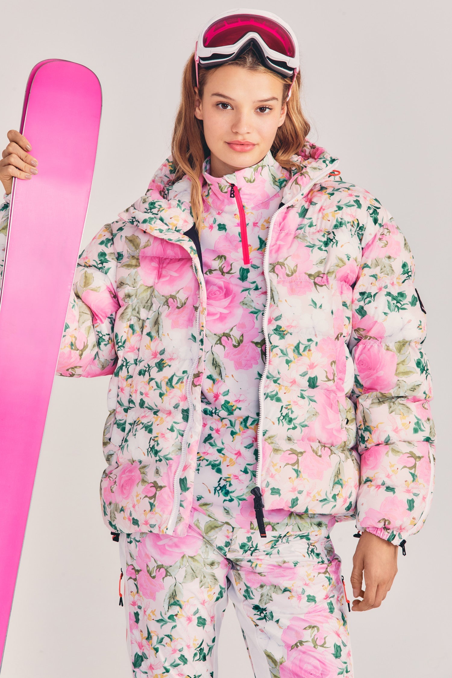 Womens pink floral print oversized ecodown ski jacket