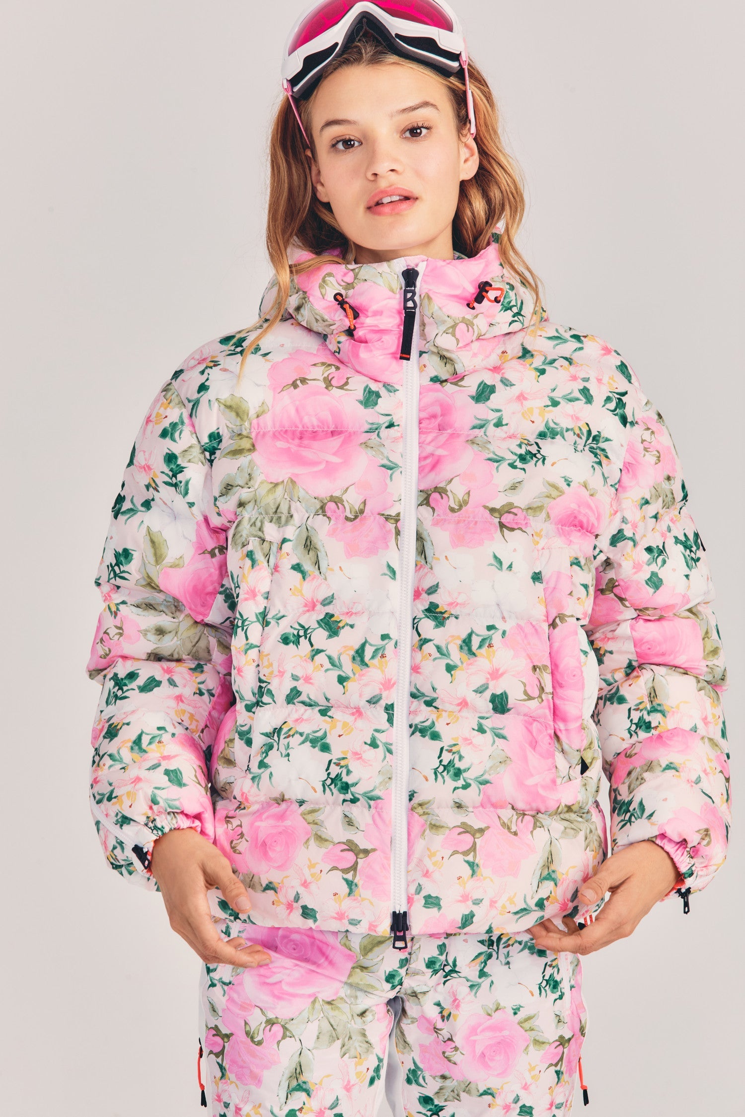 Womens pink floral print oversized ecodown ski jacket