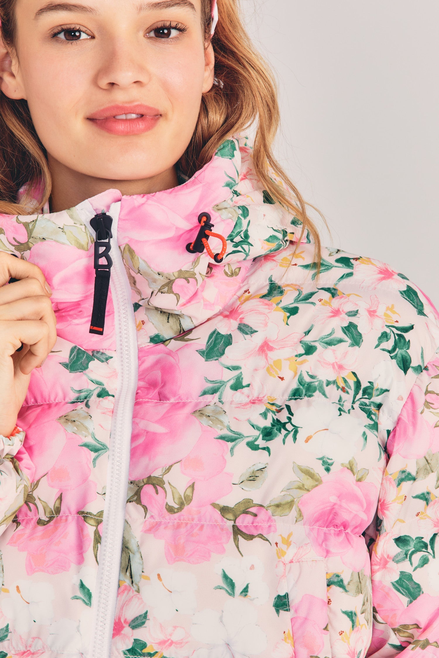 Womens pink floral print oversized ecodown ski jacket