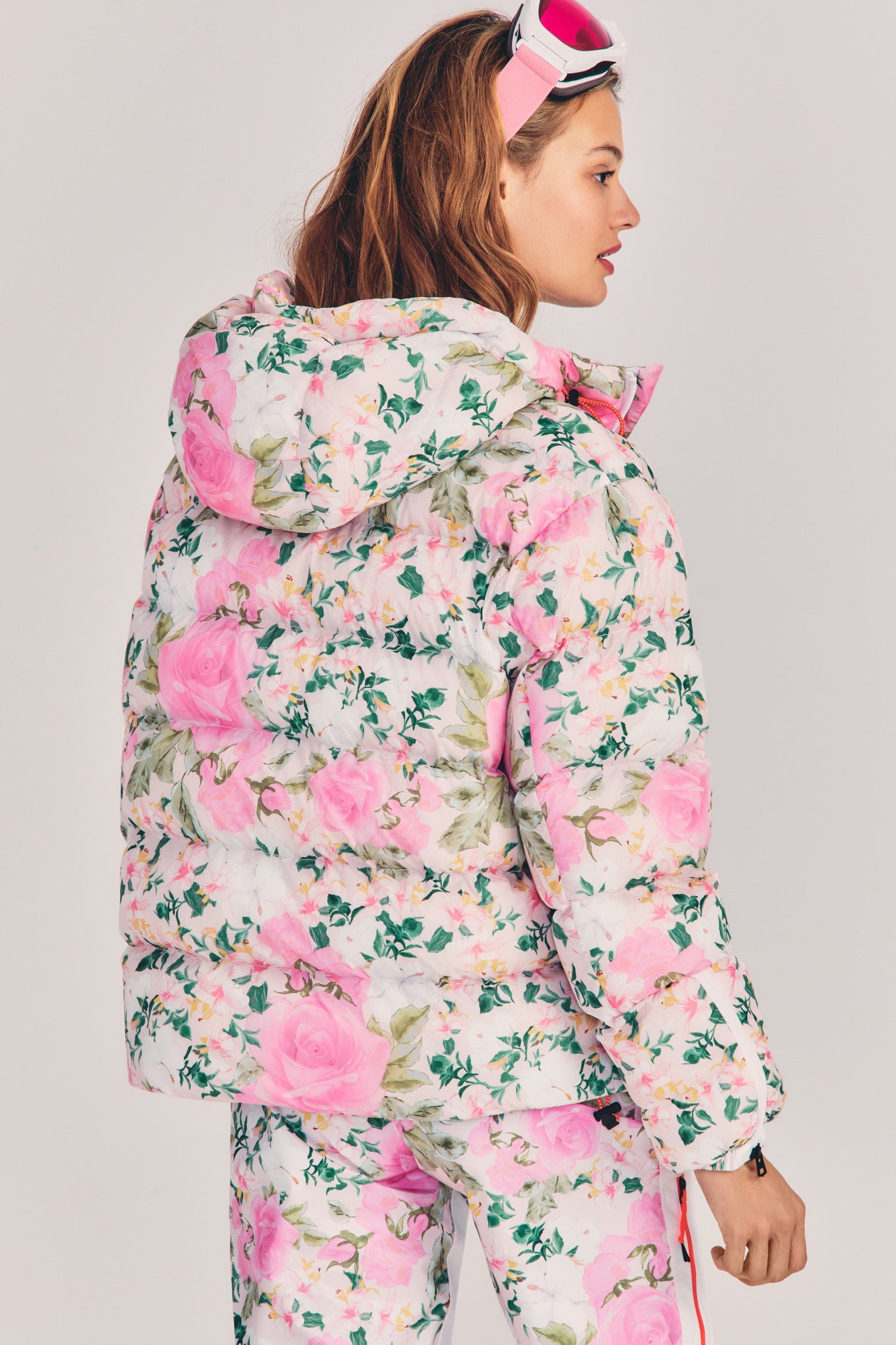 Womens pink floral print oversized ecodown ski jacket