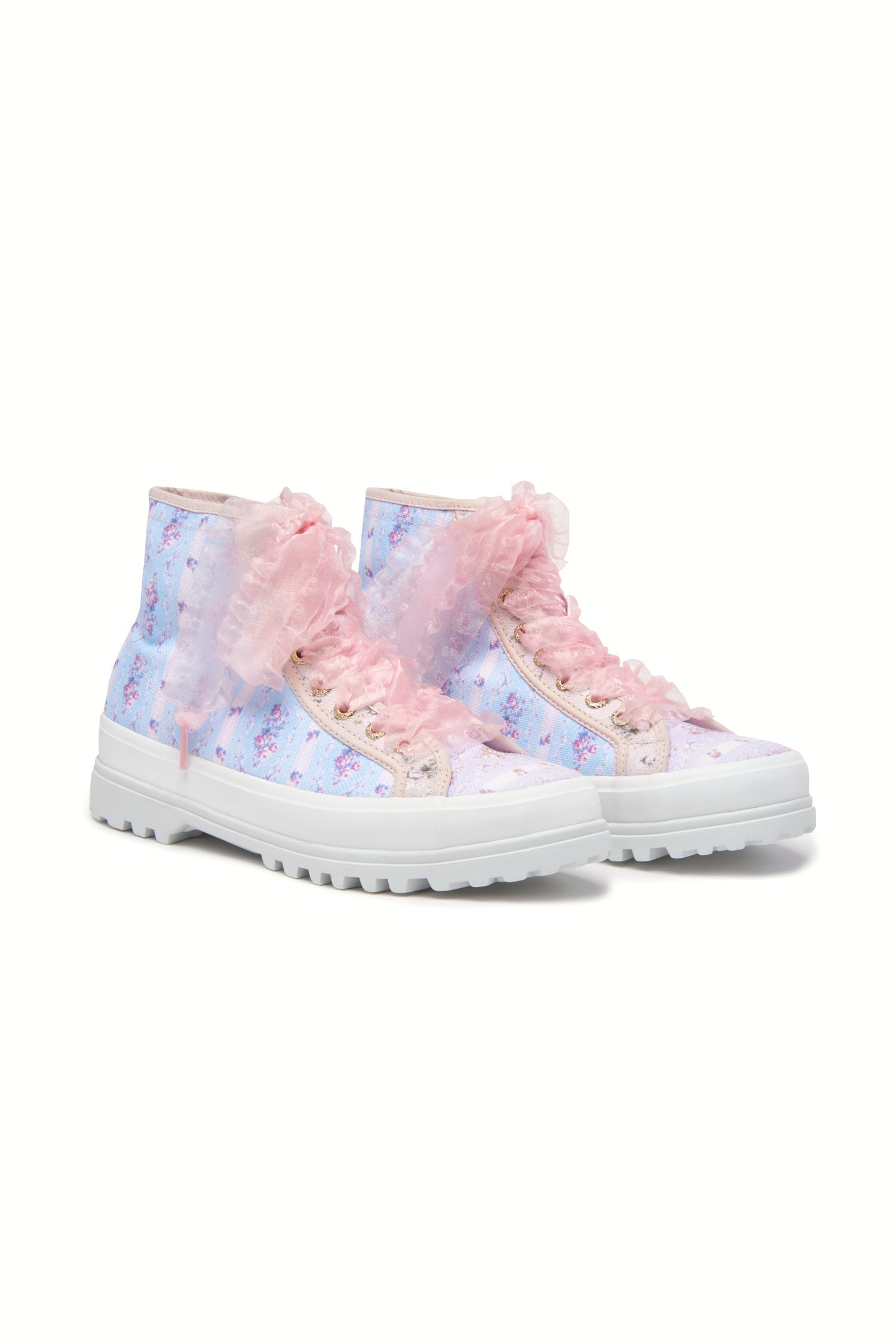 Blue, pink and purple hightop sneakers with florals on printed cotton with pink tulle laces, and gold-tone eyelet details.