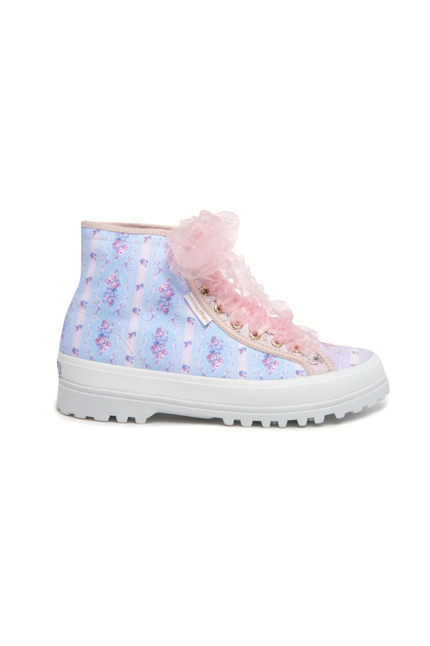 Blue, pink and purple hightop sneakers with florals on printed cotton with pink tulle laces, and gold-tone eyelet details.