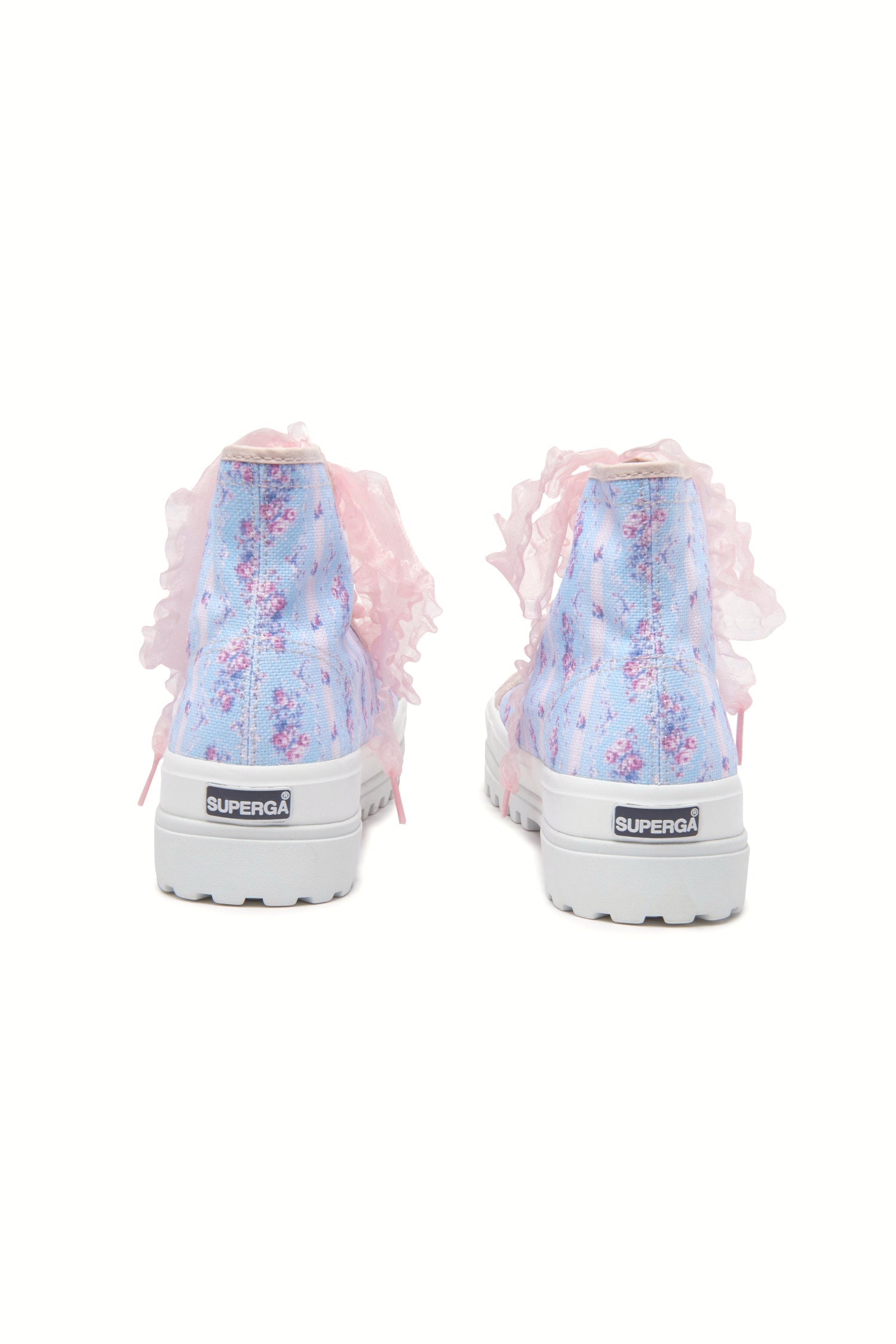 Blue, pink and purple hightop sneakers with florals on printed cotton with pink tulle laces, and gold-tone eyelet details.