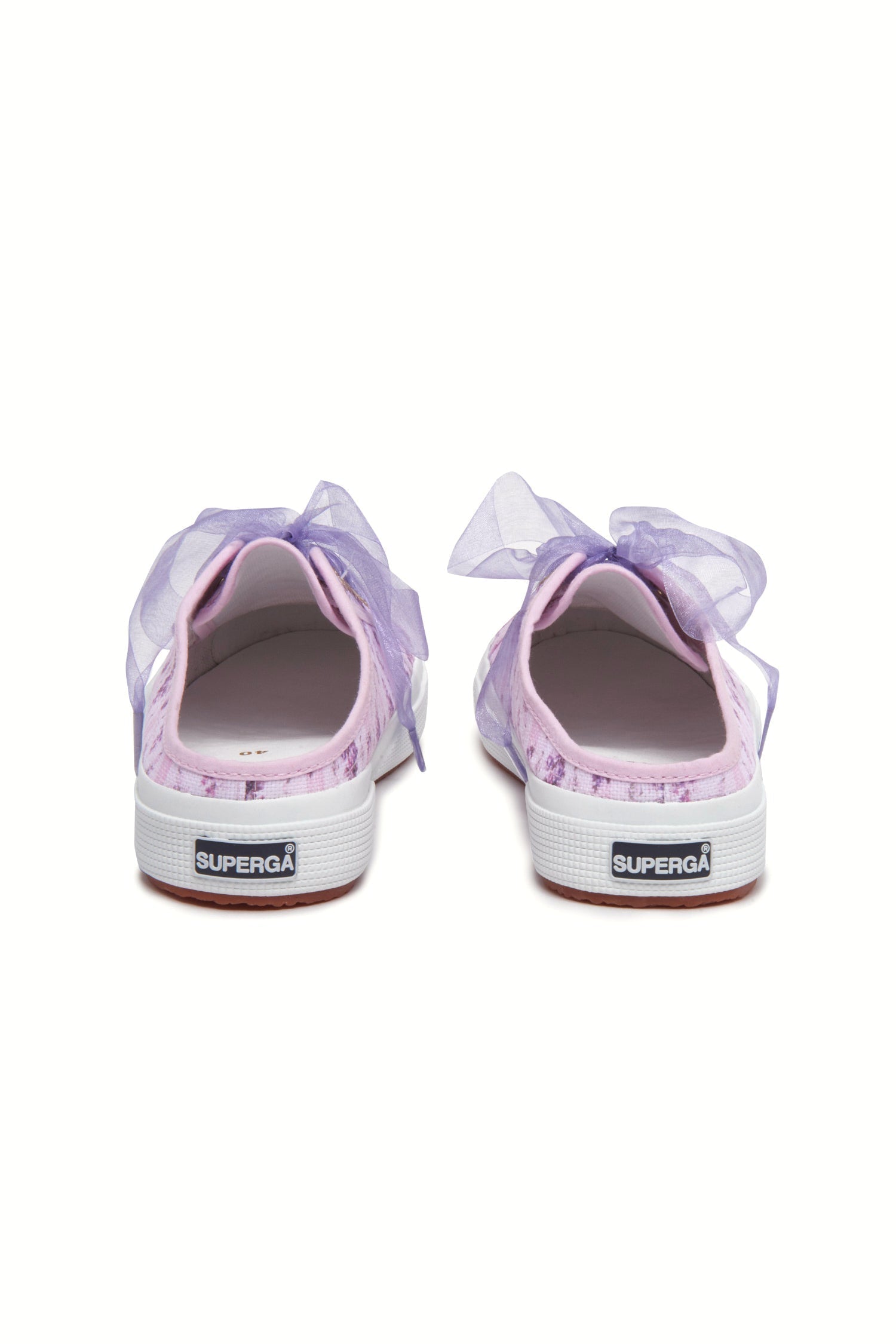 Purple mule sneakers with florals on printed cotton with purple tulle laces, and gold-tone eyelet details.