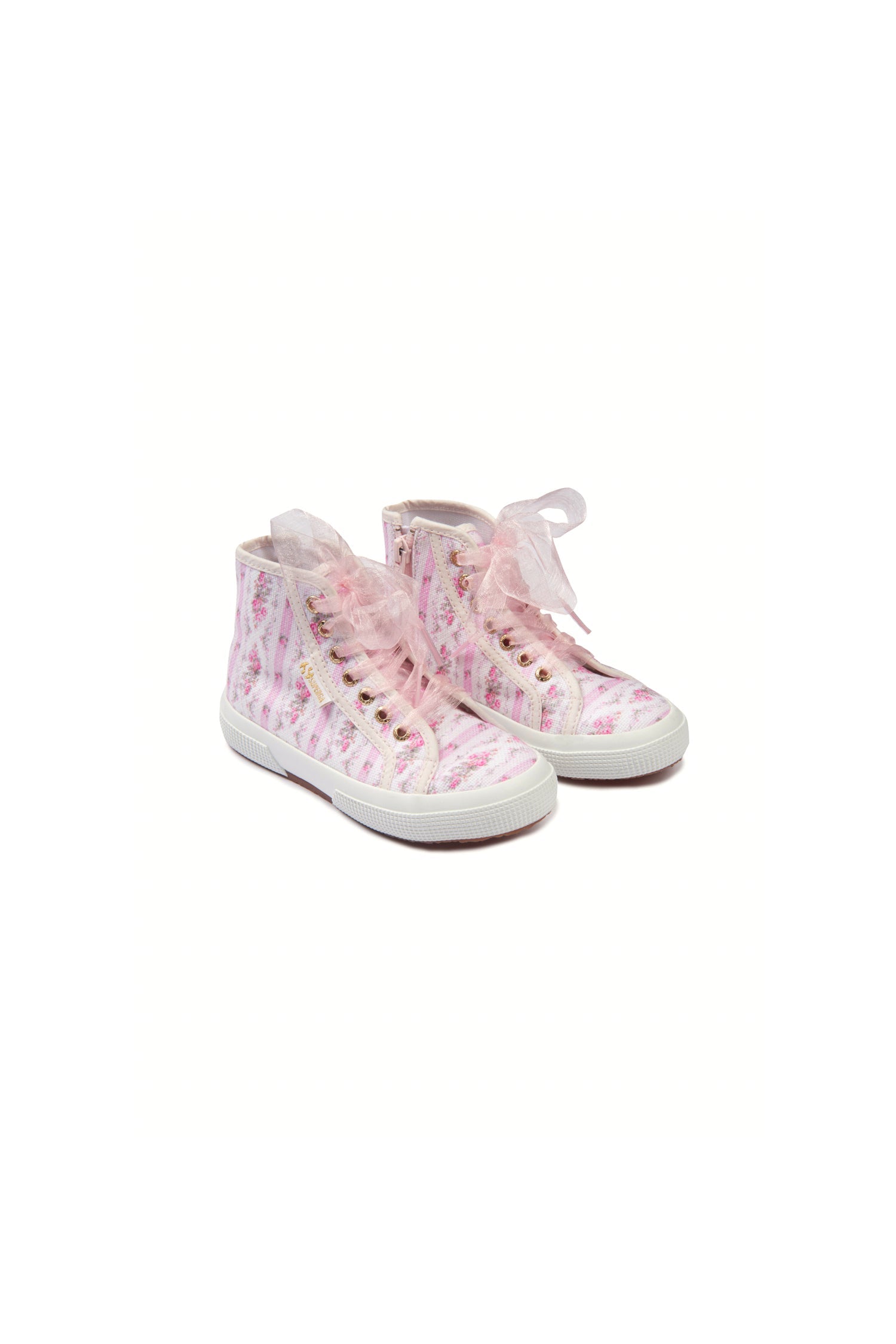 Pink hightop sneakers with florals on printed cotton with tulle laces, and gold-tone eyelet details.