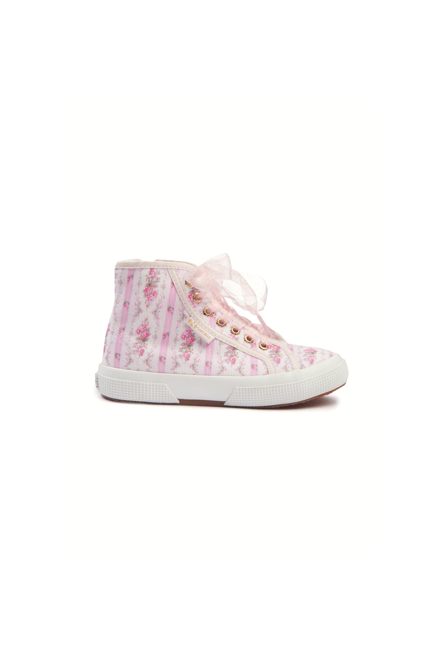 Pink hightop sneakers with florals on printed cotton with tulle laces, and gold-tone eyelet details.