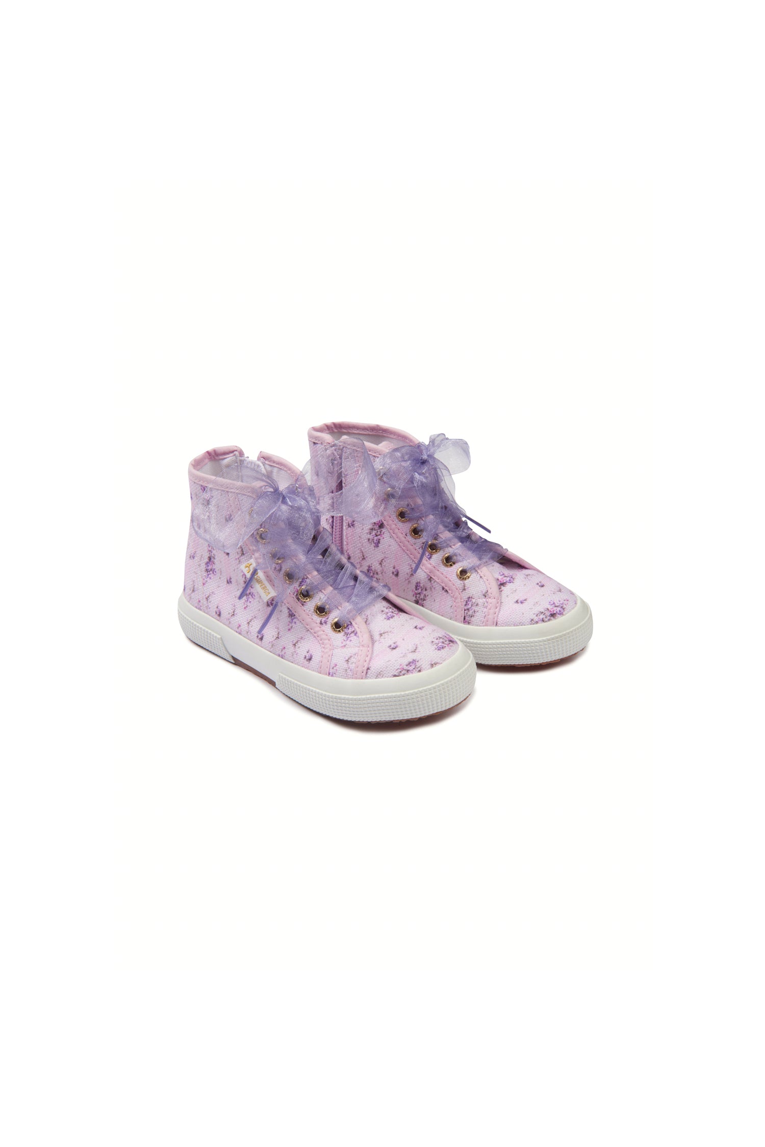 Pink and purple hightop sneakers with florals on printed cotton with tulle laces, and gold-tone eyelet details.