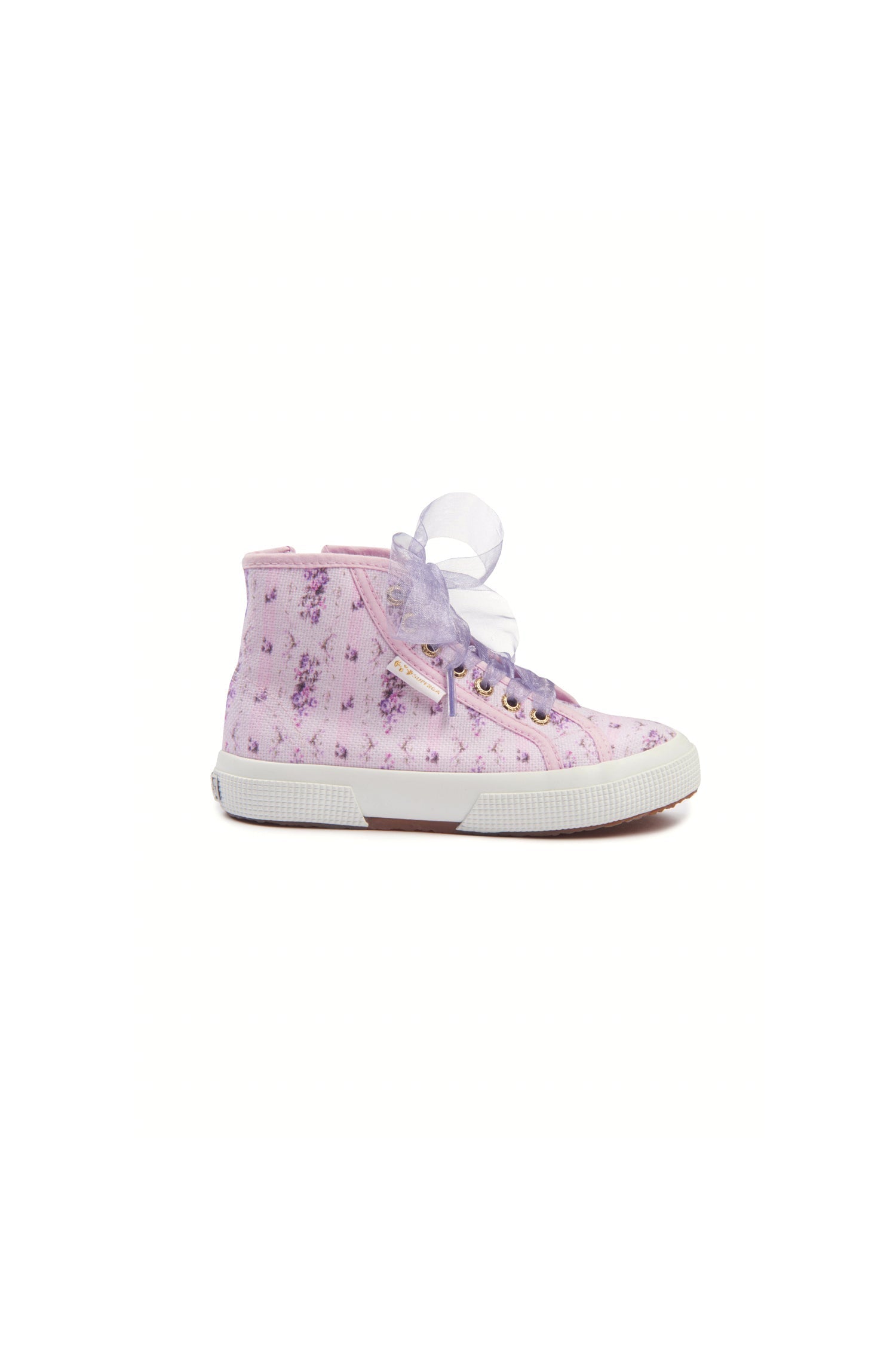 Pink and purple hightop sneakers with florals on printed cotton with tulle laces, and gold-tone eyelet details.