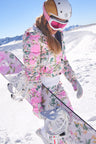 Womens pink floral print puffer style ecodown ski jacket