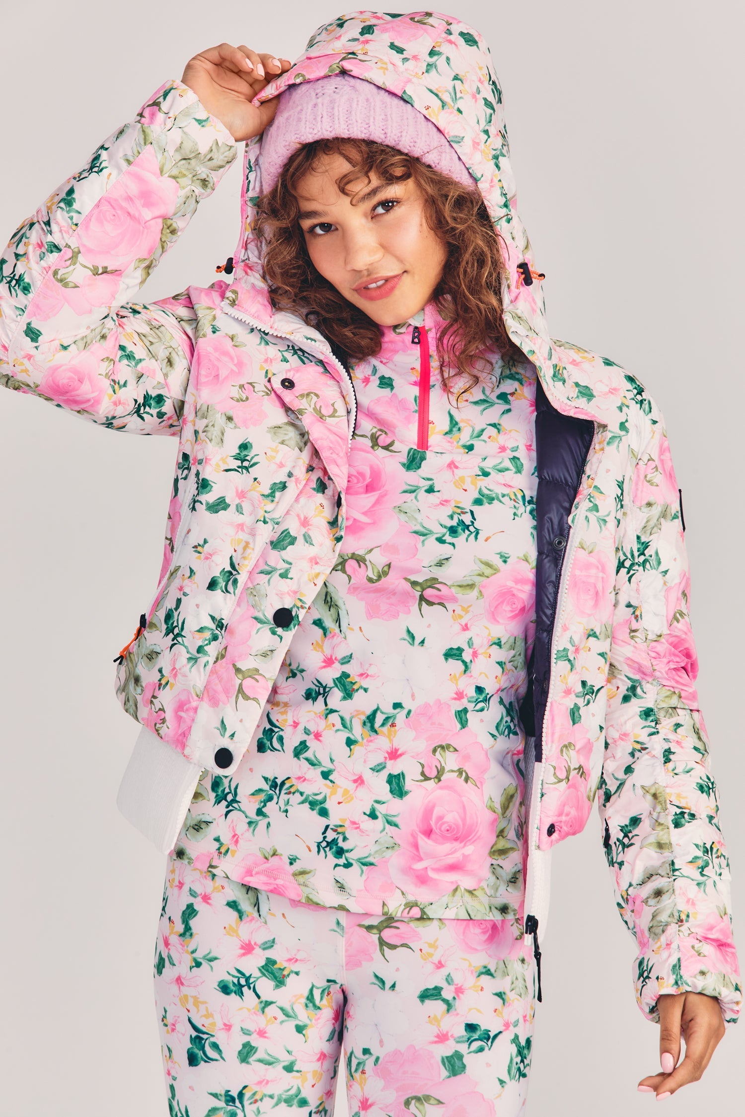 Womens pink floral print puffer style ecodown ski jacket