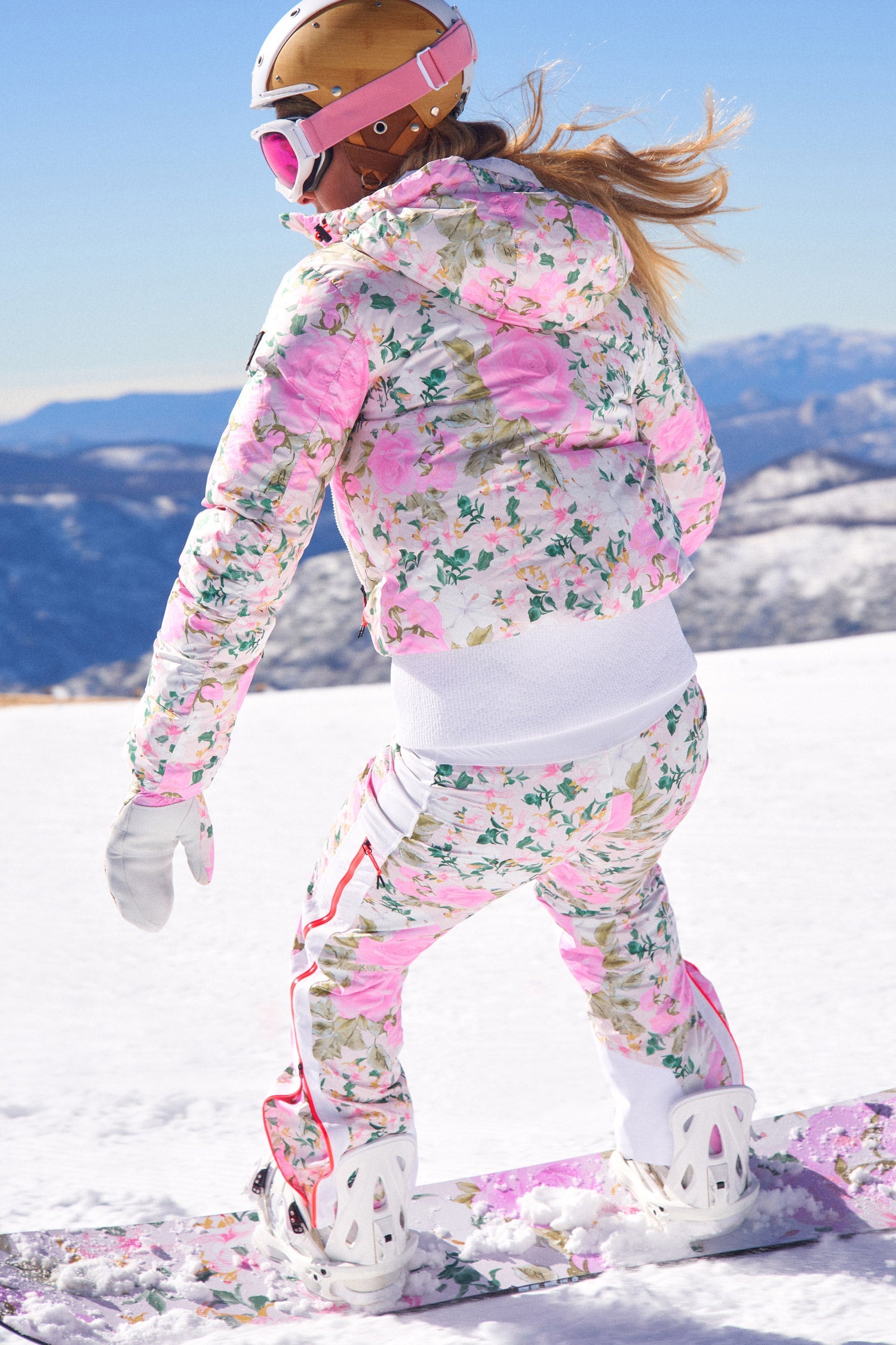 Womens pink floral print puffer style ecodown ski jacket