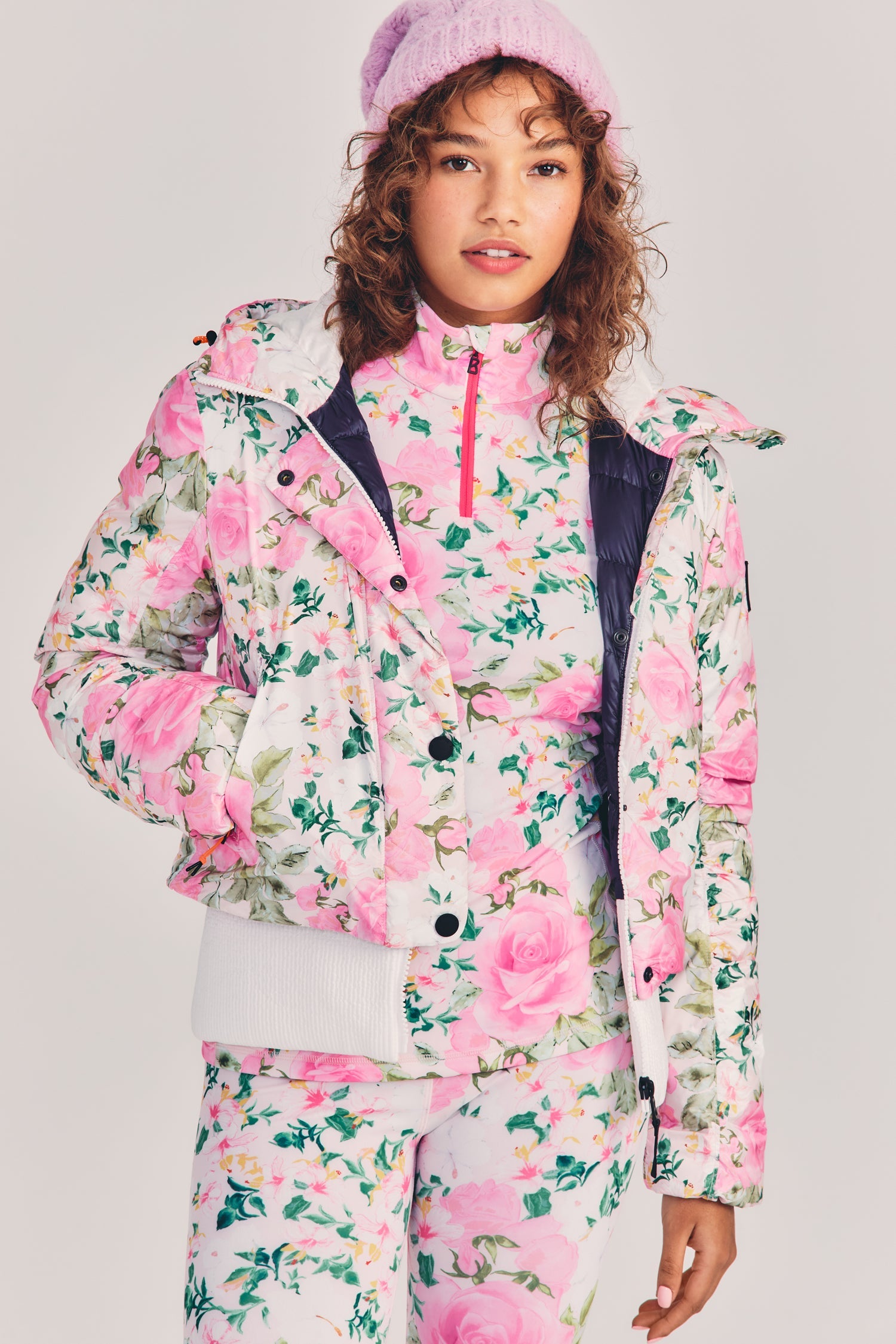 Womens pink floral print puffer style ecodown ski jacket