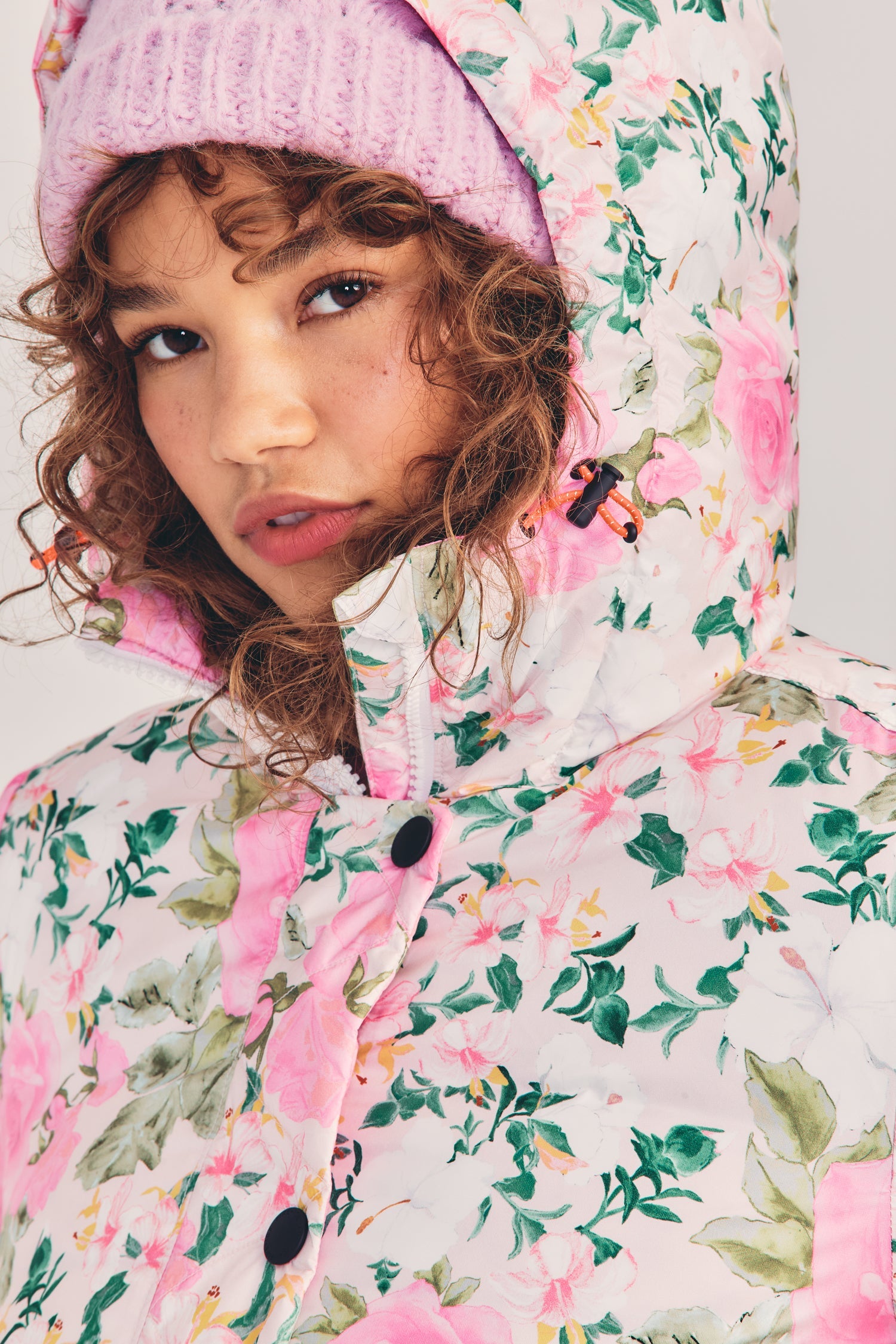 Womens pink floral print puffer style ecodown ski jacket