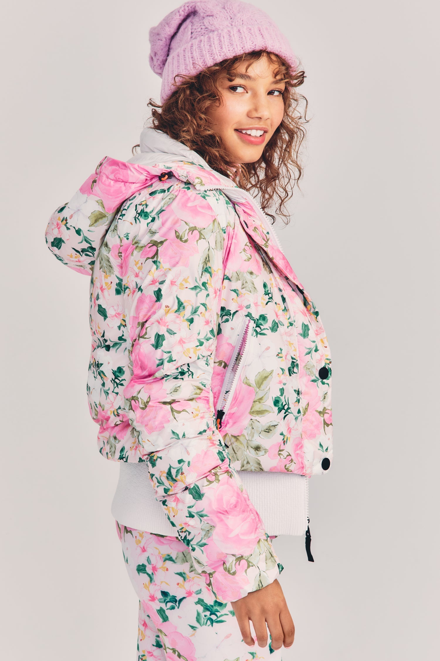 Womens pink floral print puffer style ecodown ski jacket